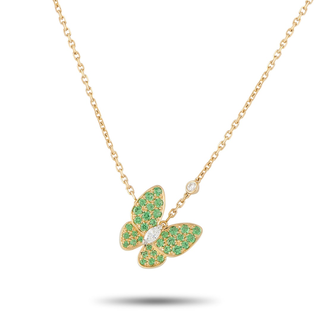 Van Cleef & Arpels Two Butterfly Sapphire 18K Necklace: Van Cleef & Arpels Two Butterfly Green Sapphire and 18K Yellow Gold 16" Necklace W/Diamond Accent and Papers - This enchanting Van Cleef & Arpels Two Butterfly necklace captures the maison's signature