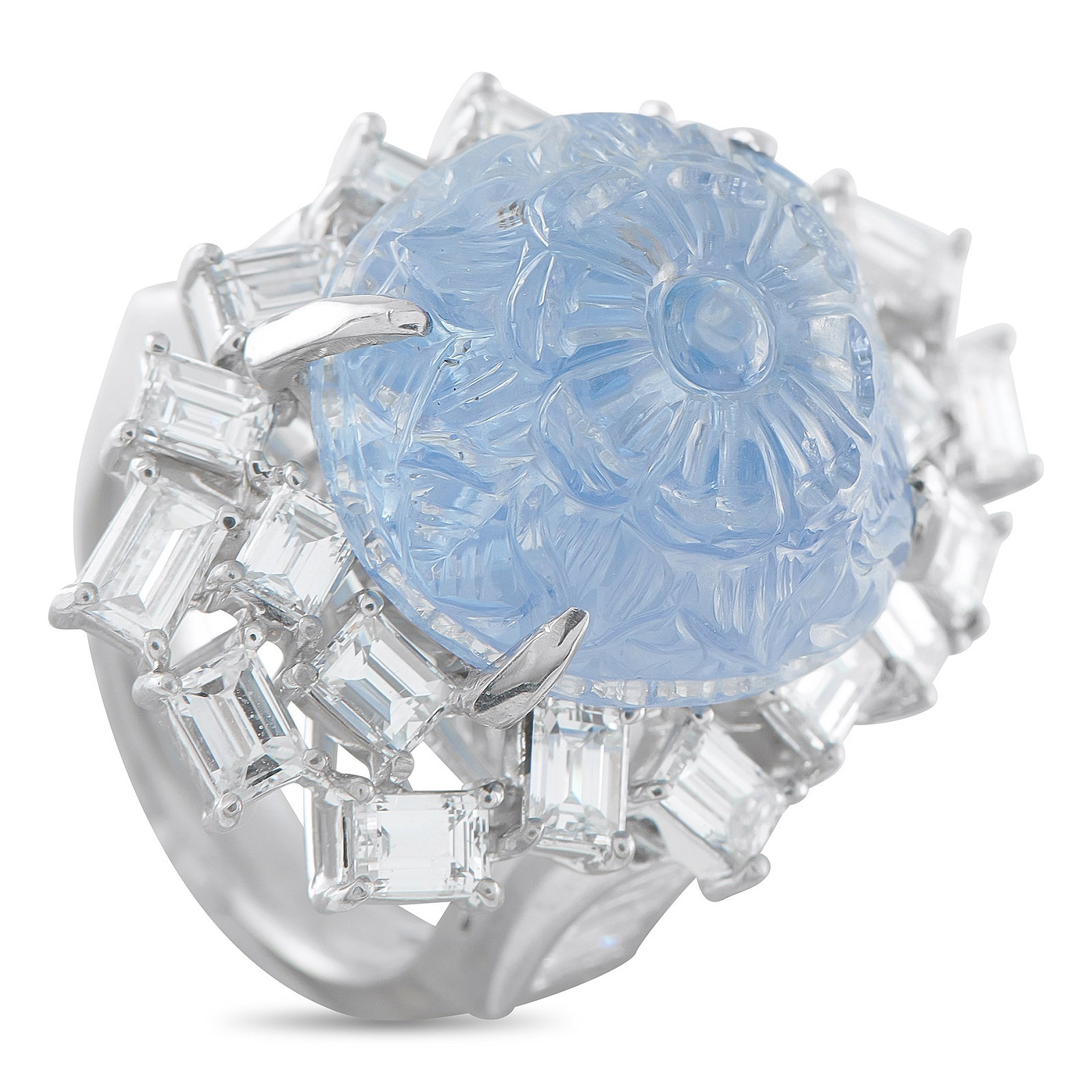 24.60ct Blue Sapphire, 3.75ctw Diamond and Platinum Ring: 24.60ct Carved Blue Sapphire, 3.75ctw VS2-SI1/G-H Diamond and Platinum Ring - This extraordinary ring showcases a truly distinctive design centered around a carved approximately 24.60 carat blue sapph