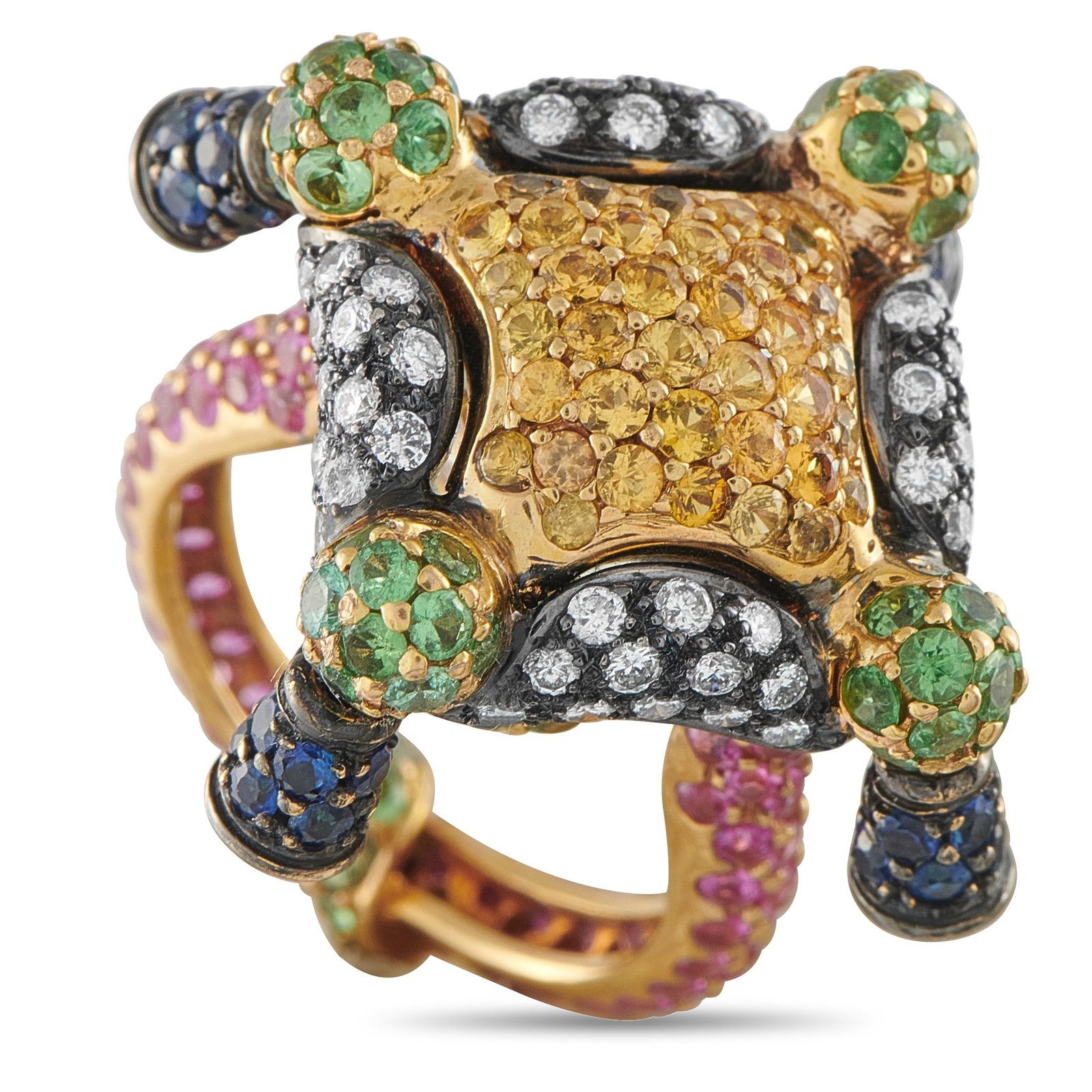 7.00ctw Sapphire, 0.70ctw Diamond and 18K Ring: 7.00ctw Multi-Color Sapphire, 0.70ctw Diamond and 18K Yellow Gold Ring - This bold and imaginative ring showcases a vibrant composition of multi-color sapphires totaling approximately 7.00 carats, arr