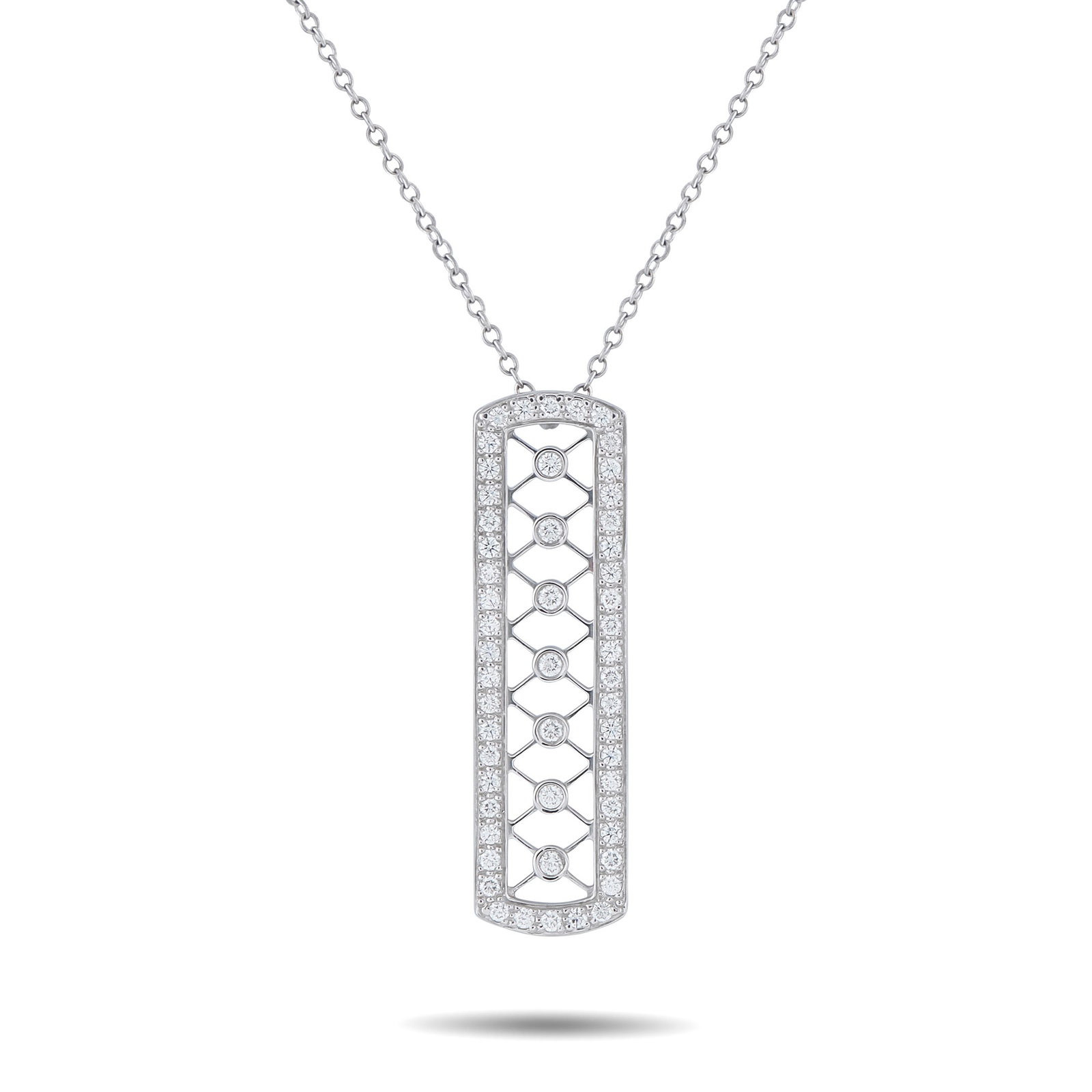 Tiffany & Co. Voile 0.30ctw Diamond Platinum Necklace: Tiffany & Co. Voile 0.30ctw Diamond and Platinum 16" Bar Necklace - This Tiffany & Co. Voile bar necklace showcases intricate platinum openwork, creating a light and airy design with refined elegance.
