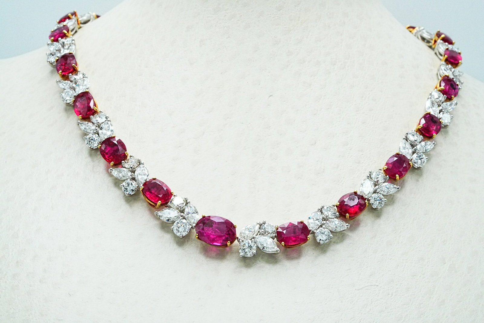 38.02ctw AGL No Heat Mozambique Ruby, 31.69ctw Diamond Necklace: 38.02ctw AGL Certified No Heat Mozambique Ruby, 31.69ctw Diamond and 18K White/Yellow Gold Cocktail Necklace - THIS ITEM WILL COME WITH A $1,720,000 INSURANCE VALUATION REPORT. This magnificent cockta