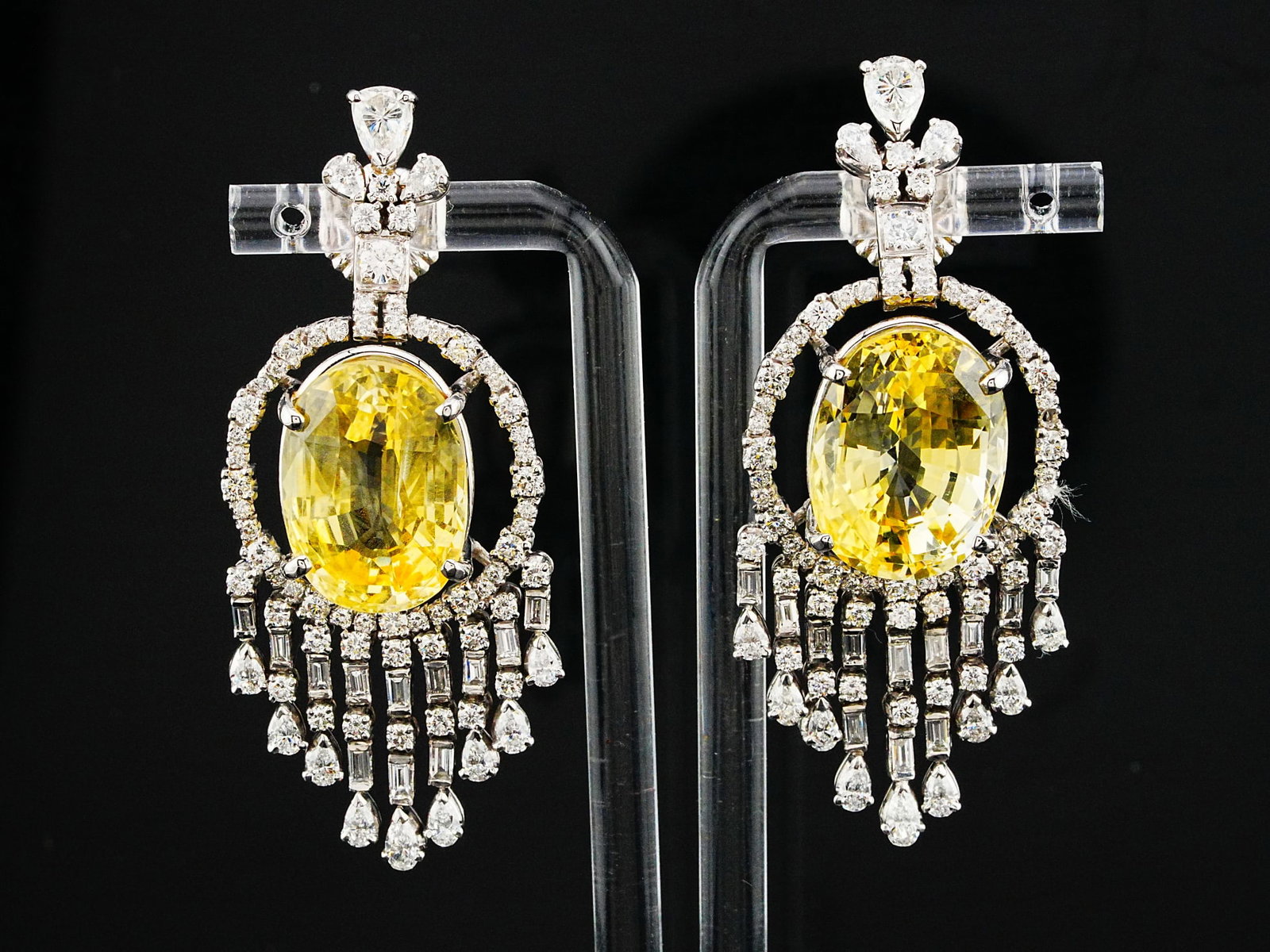 42.45ctw No Heat Sapphire, 7.50ctw Diamond, 18K Earrings: 42.45ctw No Heat Yellow Sapphire, 7.50ctw VS1-VS2/G-H Diamond and 18K White Gold 2.25" Statement Earrings - THIS ITEM WILL COME WITH A $125,000 INSURANCE VALUATION REPORT. An extraordinary display of