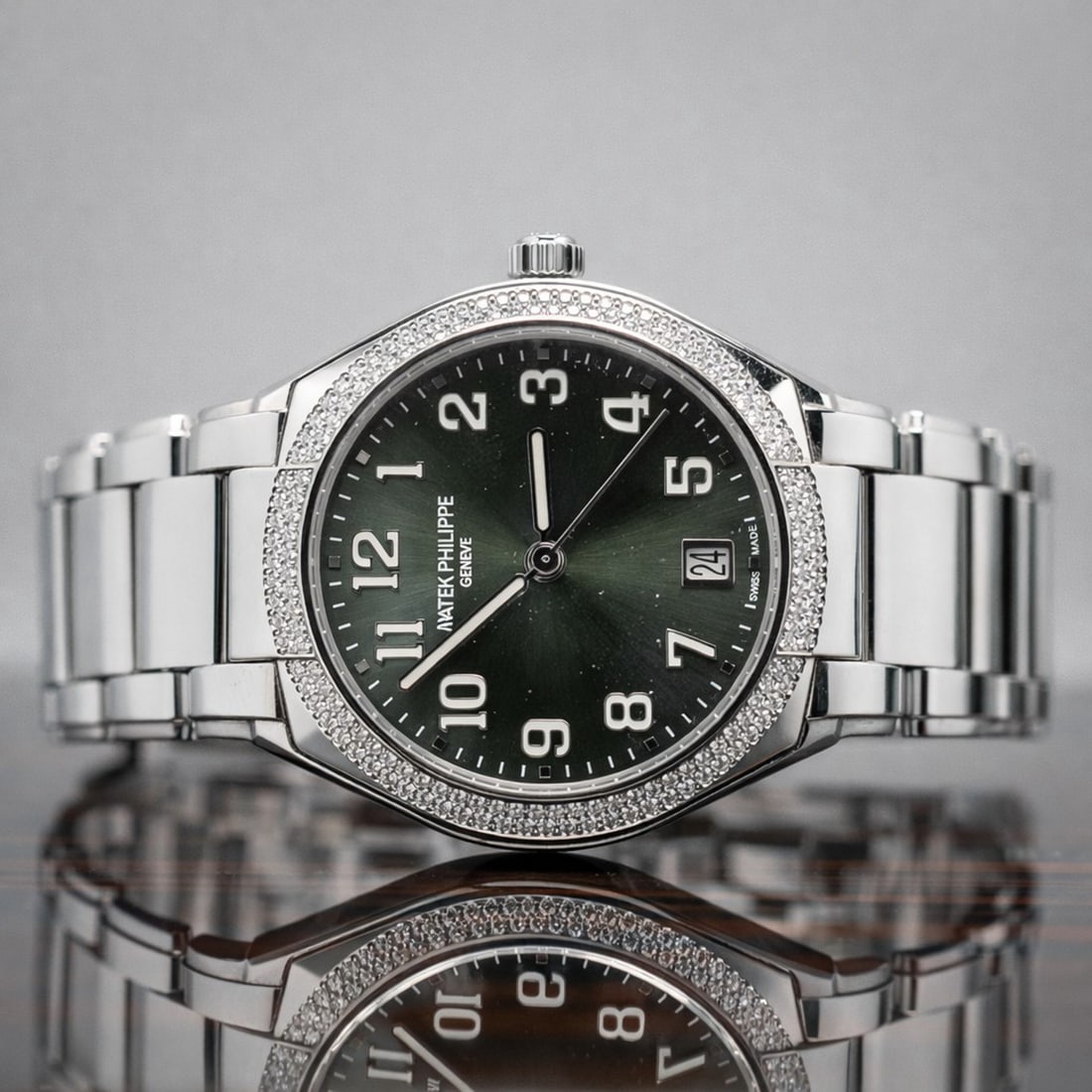 Patek Philippe Twenty-4 Automatic Diamond Bezel Watch: Patek Philippe Twenty-4 Automatic 36mm Stainless Steel 0.81ctw Diamond Bezel Watch Ref. 7300/1200A-001 Unworn W/Box and Papers - The Patek Philippe Twenty-4 Automatic Ref. 7300/1200A represents a mast