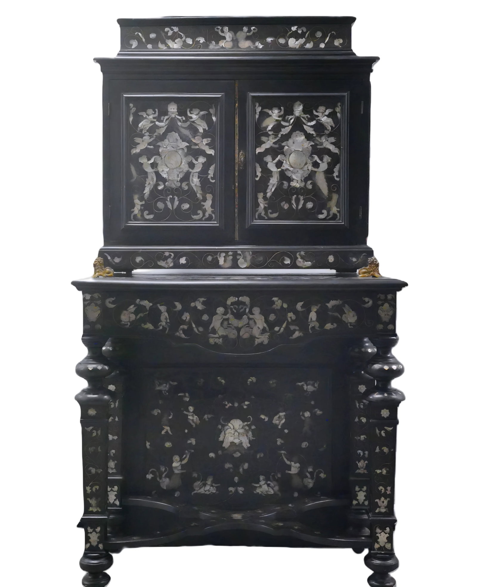 Continental Renaissance Revival Two-Part Cabinet: Continental Renaissance Revival Ebonized and Inlaid Two-Part Cabinet - A striking two-part Continental ebonized cabinet, lavishly decorated throughout with elaborate mother-of-pearl and exotic composi
