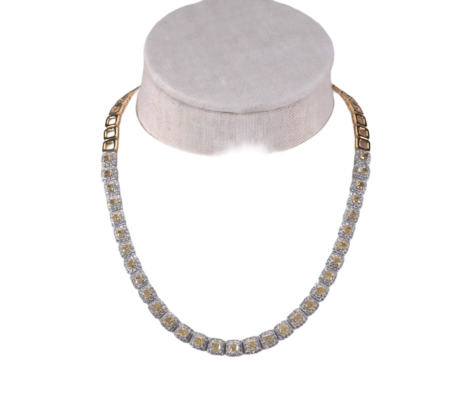 15.50ctw Yellow and White Diamond 18K Necklace: 15.50ctw Yellow and White Diamond 18K Yellow/White Gold 18" Necklace - THIS ITEM WILL COME WITH A $73,500 INSURANCE VALUATION REPORT. A radiant expression of color and brilliance, this elegant necklac