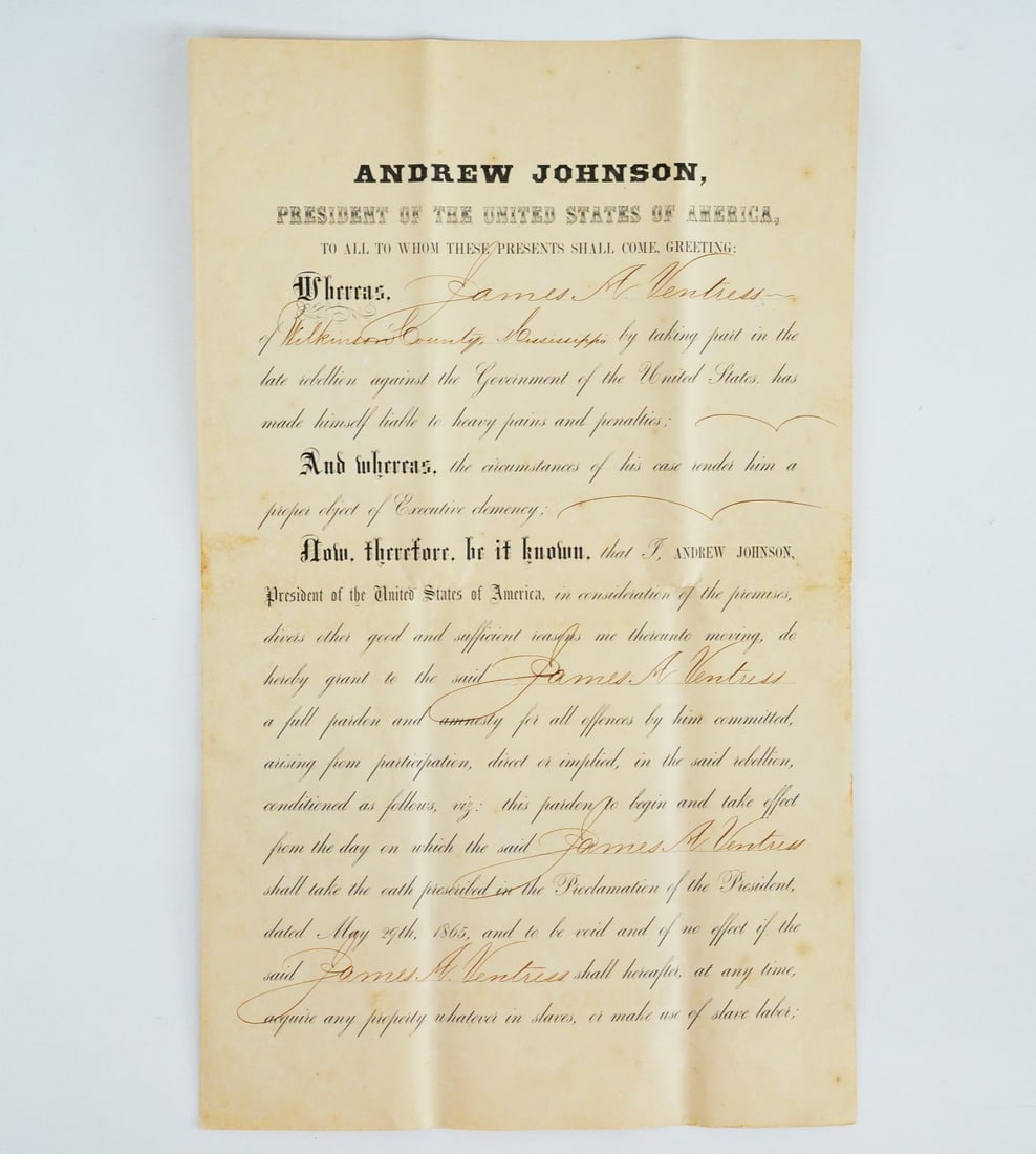 James A. Ventress Presidential Pardon From Andrew Johnson (1 of 8)