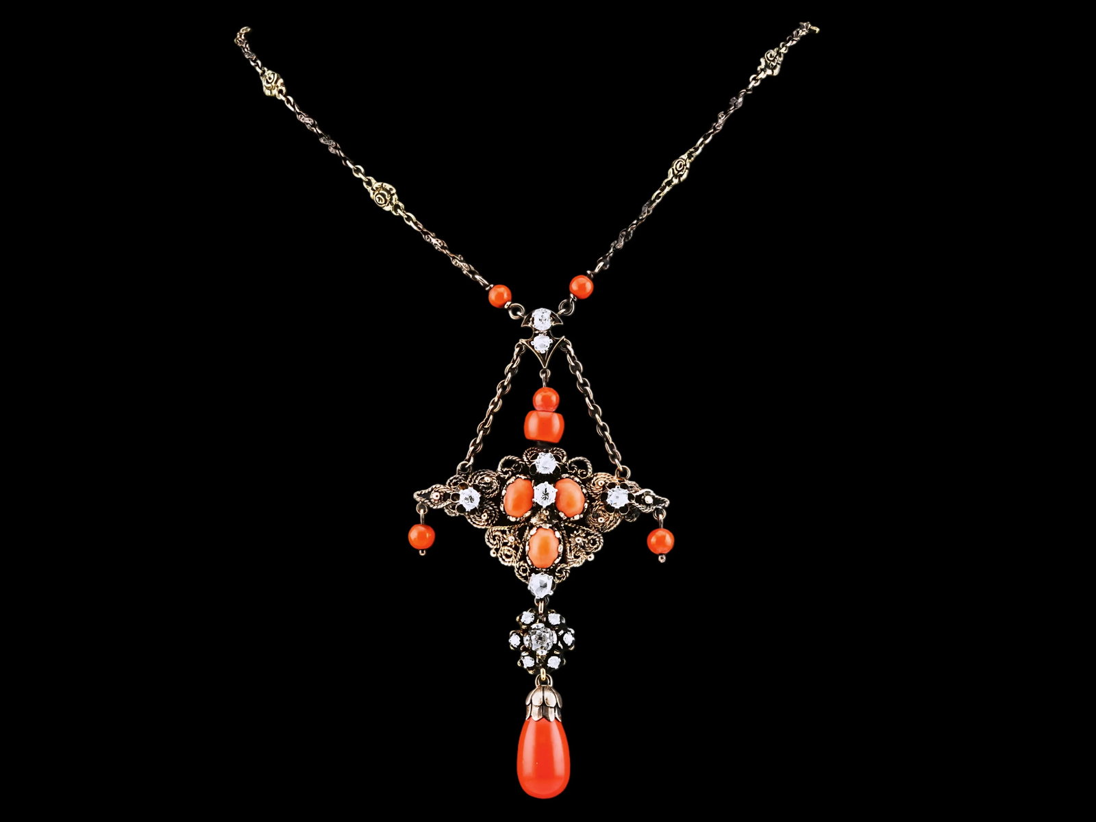 2.00ctw Diamond, Coral and 14K/Sterling Antique Necklace (1 of 6)