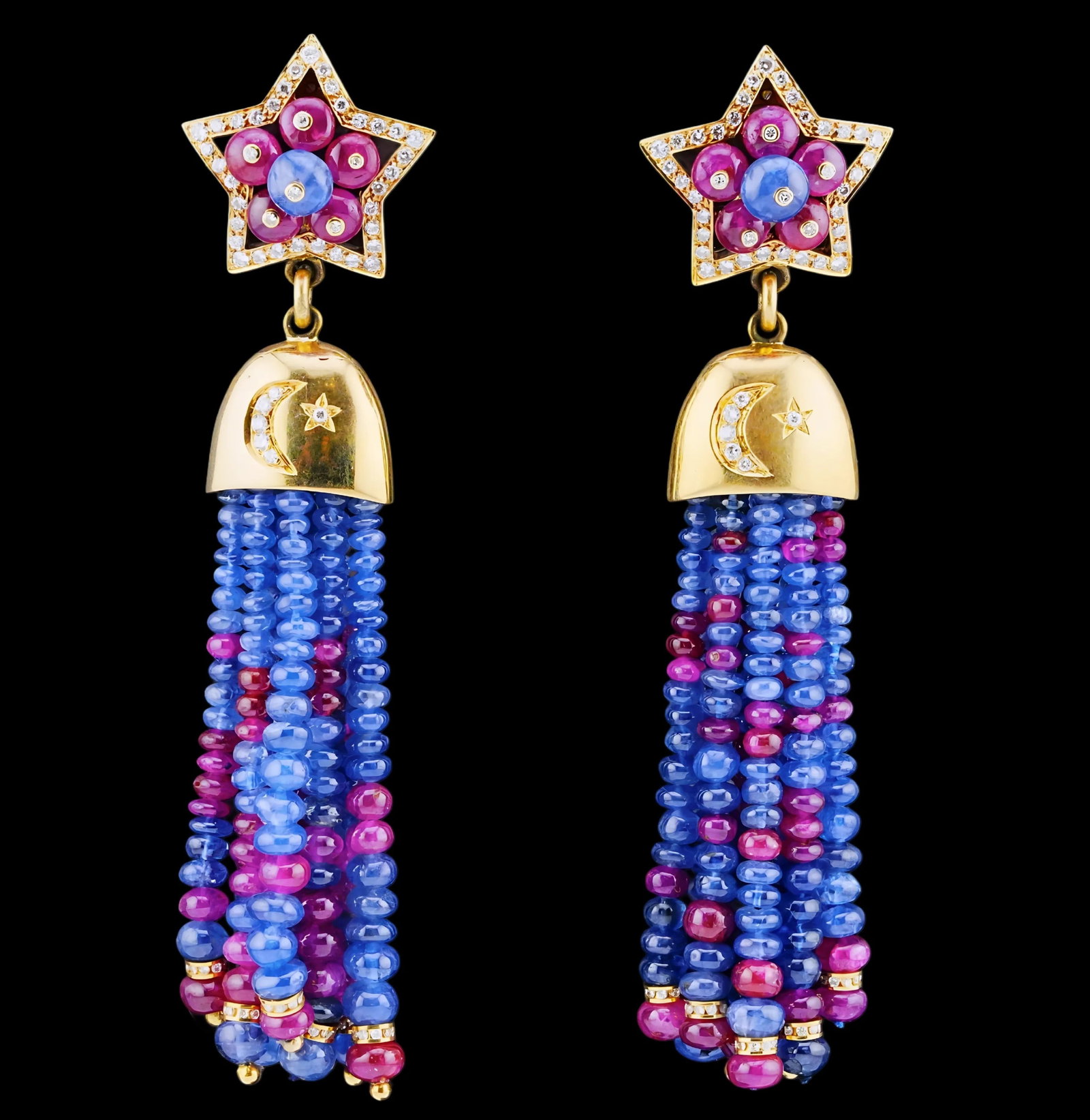 18ctw Sapphire and Ruby, 1.50ctw Diamond, 18K Earrings: 18.00ctw Sapphire and Ruby, 1.50ctw VS1-SI1/G-H Diamond and 18K Yellow Gold 4" Tassel Earrings - THIS ITEM WILL COME WITH A $25,000 INSURANCE VALUATION REPORT. A spectacular and whimsical pair of tass