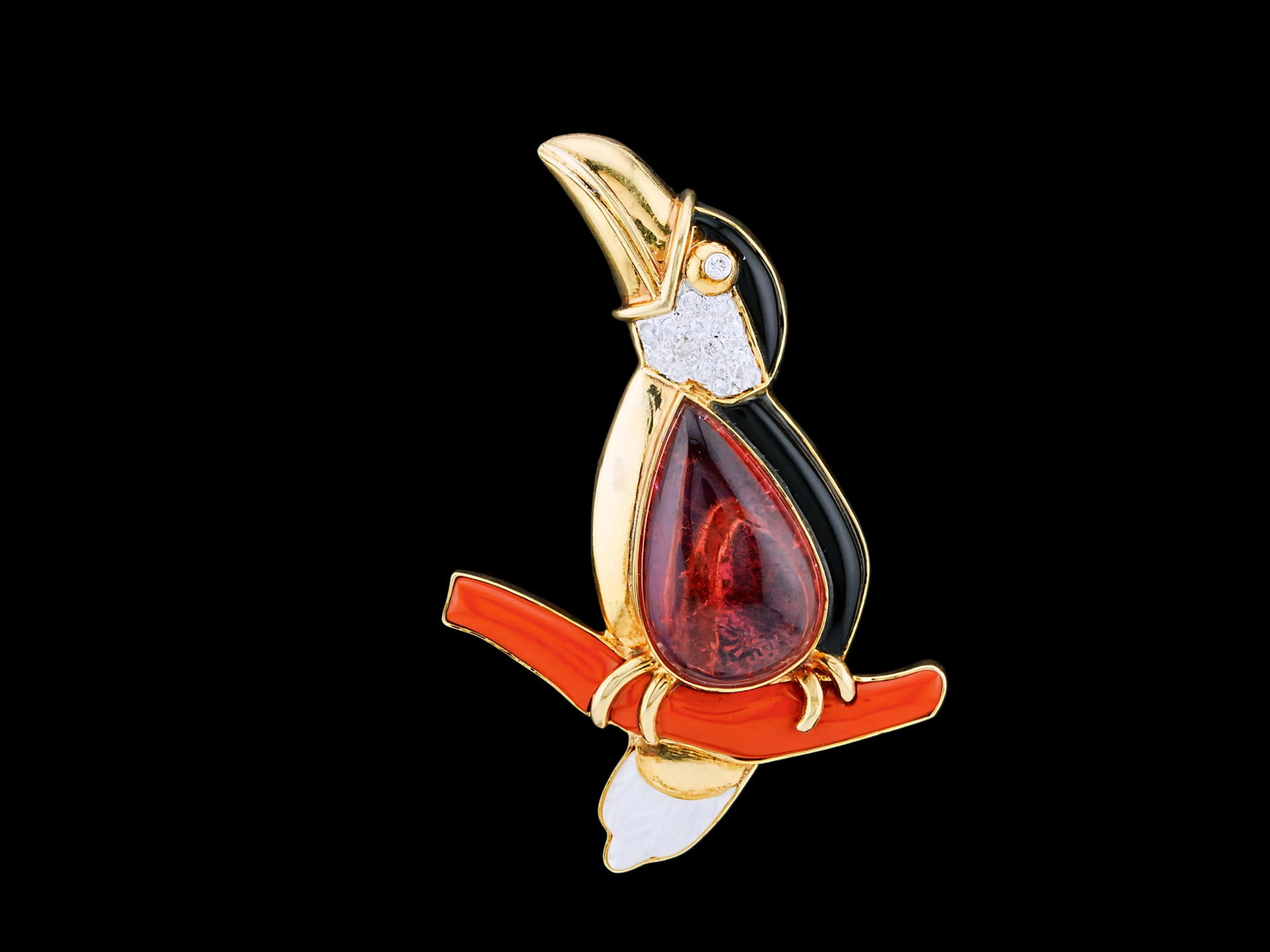 16.23ct Rubellite, Diamond, Onyx, Coral, MOP, 14K Brooch: 16.23ct Rubellite, 0.35ctw Diamond, Onyx, Coral, Mother of Pearl and 14K Yellow Gold Toucan Brooch, Signed - THIS ITEM WILL COME WITH A $9,500 INSURANCE VALUATION REPORT. An exceptional and highly det