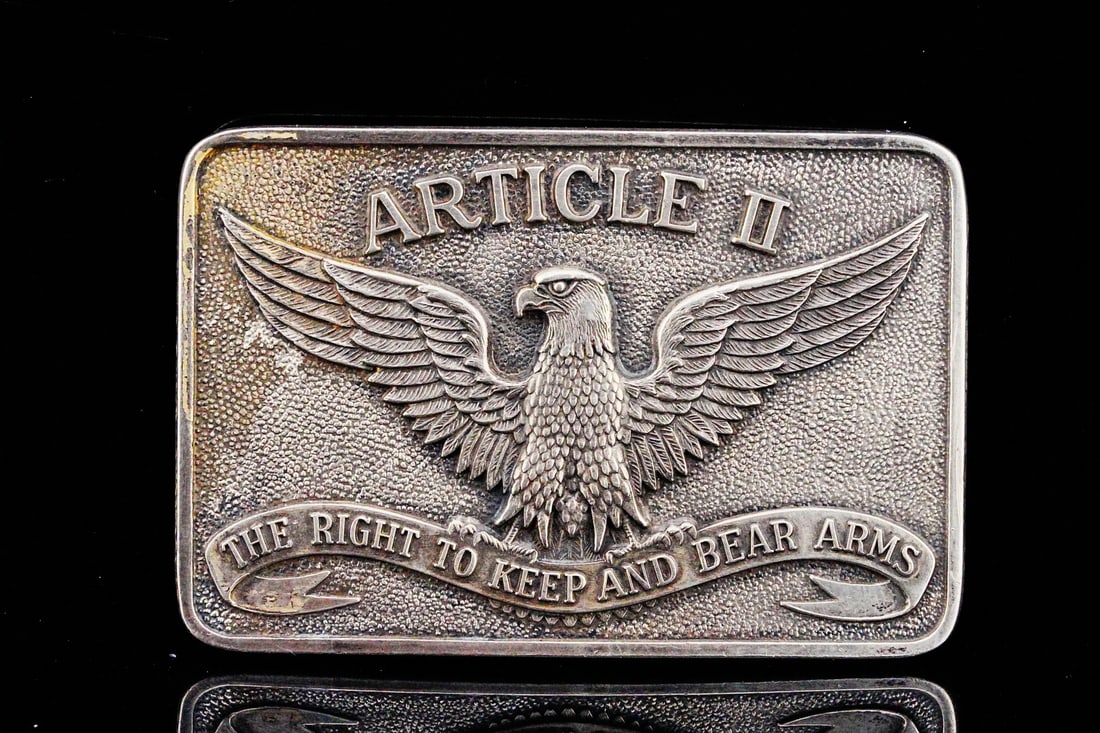 Solid Sterling Silver Article II Eagle Belt Buckle: Solid Sterling Silver Article II Eagle Belt Buckle - This striking sterling silver belt buckle features a bold and timeless patriotic design centered around Article II, showcasing a finely detailed