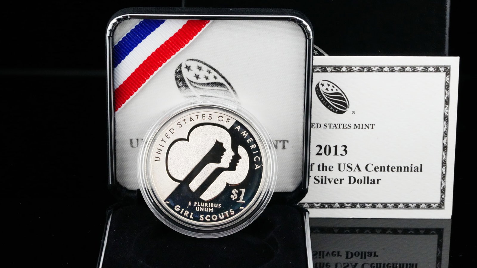 2013-W U.S. 90% Silver Girl Scouts Commemorative Proof: 2013-W U.S. 90% Silver Girl Scouts of the USA Centennial Commemorative Proof Silver Dollar W/Original Box and COA - This 2013-W United States Girl Scouts of the USA Centennial Commemorative Proof Silv