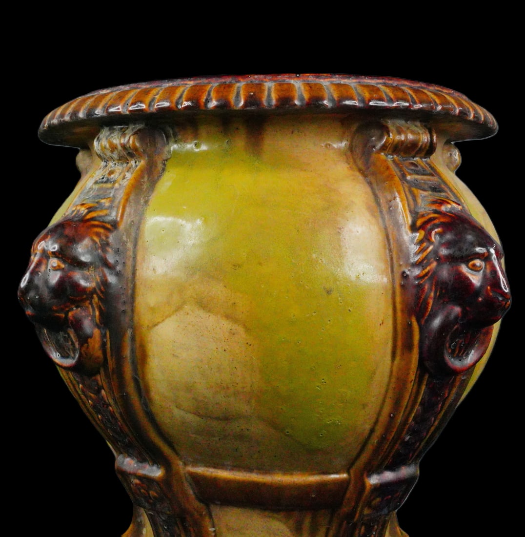 Large Glazed Ceramic Lion-Head Jardiniere on Paw Feet (1 of 5)