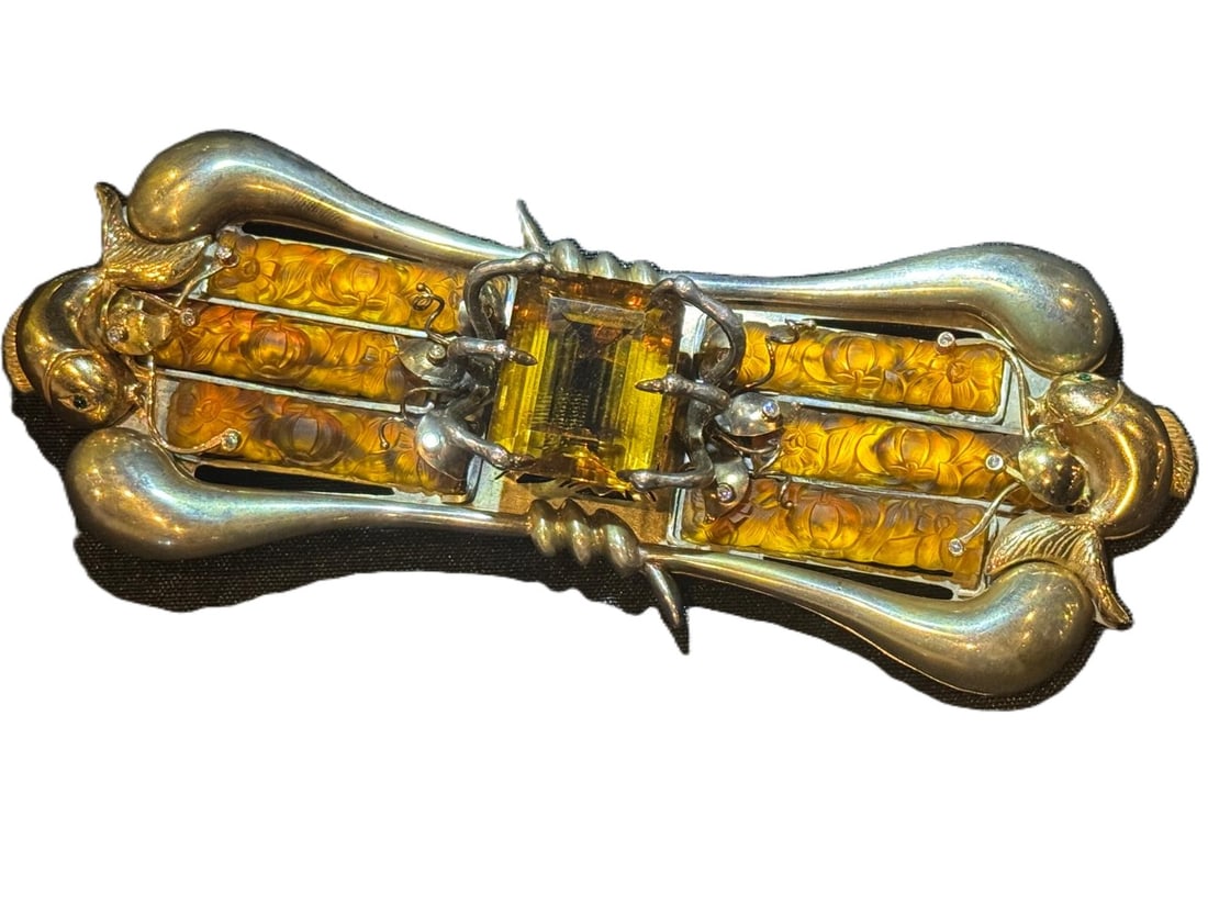 Sarah Bernhardt's Rene Lalique Belle Epoque Hair Ornament: Rene Lalique 3.00ct Citrine, Amber Glass, Gold and Silver Belle Epoque Hair Ornament From the Personal Collection of Sarah Bernhardt - The lot will include a $525,000 USPAP compliant appraisal in the