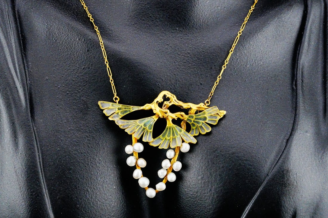 Art Nouveau Plique-a-Jour Pendant Attributed to Henri Vever: Art Nouveau 18K Yellow Gold, Plique-a-Jour Enamel and Freshwater Pearl Pendant Attributed to Henri Vever, on 19" Chain - A masterwork of French Art Nouveau artistry, this exceptional necklace embodies