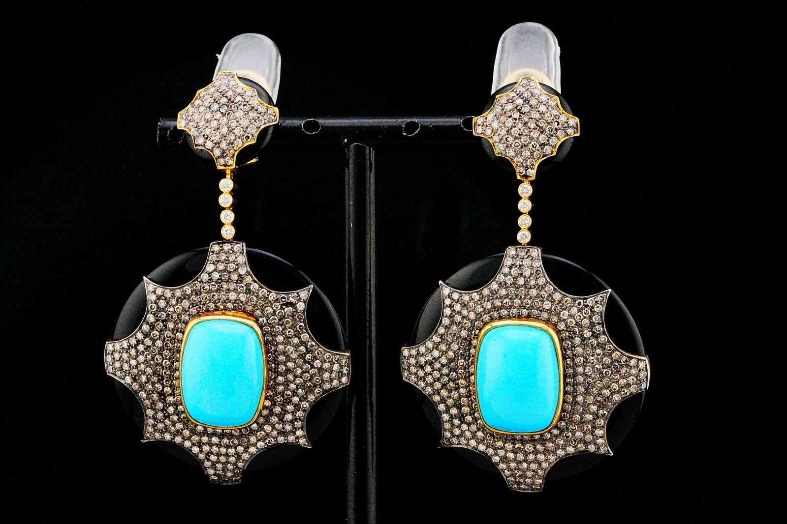 15.5mm Turquoise, Diamond, Onyx and 14K 2.25" Earrings (1 of 6)