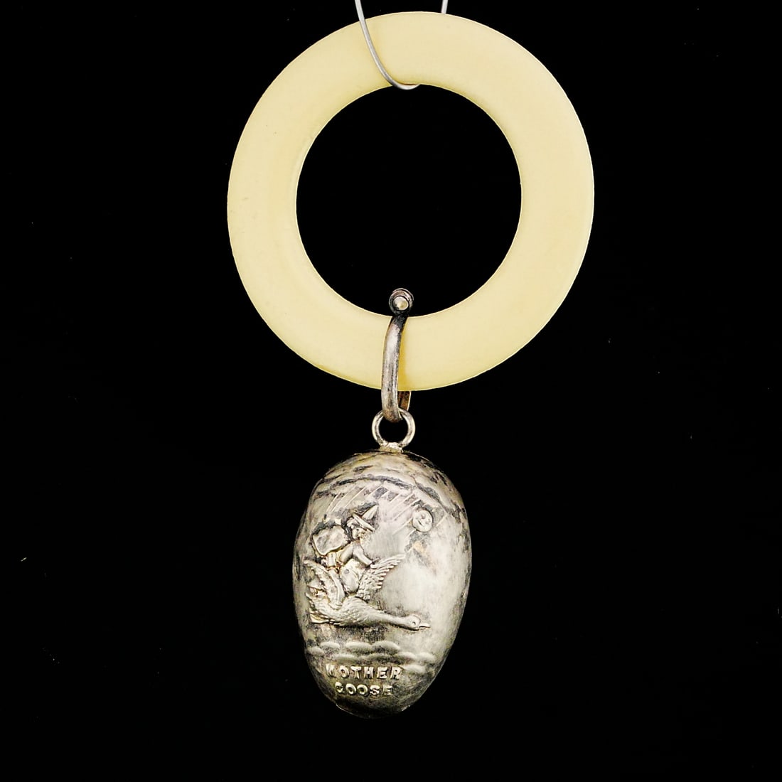W.H. Collins Silver and Bakelite Baby Rattle/Teether: W.H. Collins 1961 Sterling Silver and Bakelite Baby Rattle/Teether - A delightful and highly collectible mid-century nursery piece, this vintage "Mother Goose" teething rattle is crafted in sterling s