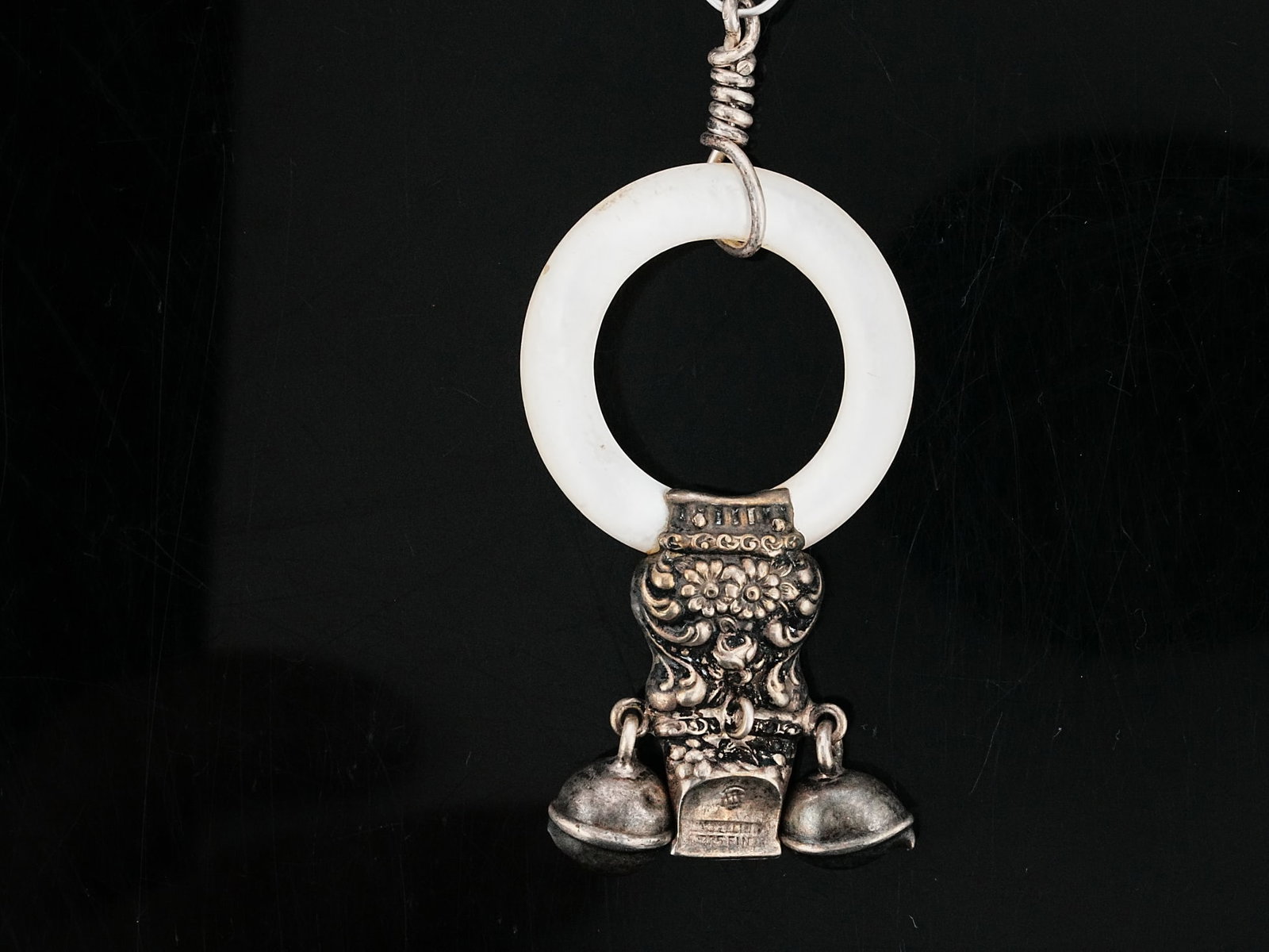 Unger Bros. Sterling and Mother of Pearl Baby Rattle: Unger Bros. Sterling Silver and Mother of Pearl Baby Rattle Whistle - A charming and scarce example of late 19th to early 20th century American silverwork, this Unger Bros. sterling silver and mother-