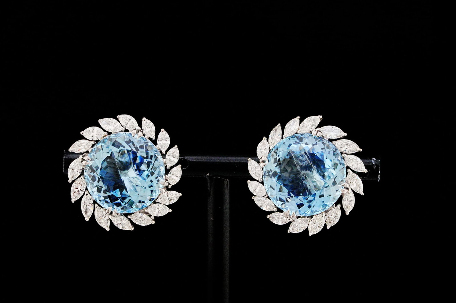 23.00ctw Aquamarine, 3.00ctw Diamond and 18K Earrings: 23.00ctw Aquamarine, 3.00ctw VS1-VS2/G-H Diamond and 18K White Gold 0.85" Earrings - THIS ITEM WILL COME WITH A $42,000 INSURANCE VALUATION REPORT. A striking pair of elegant statement earrings, these