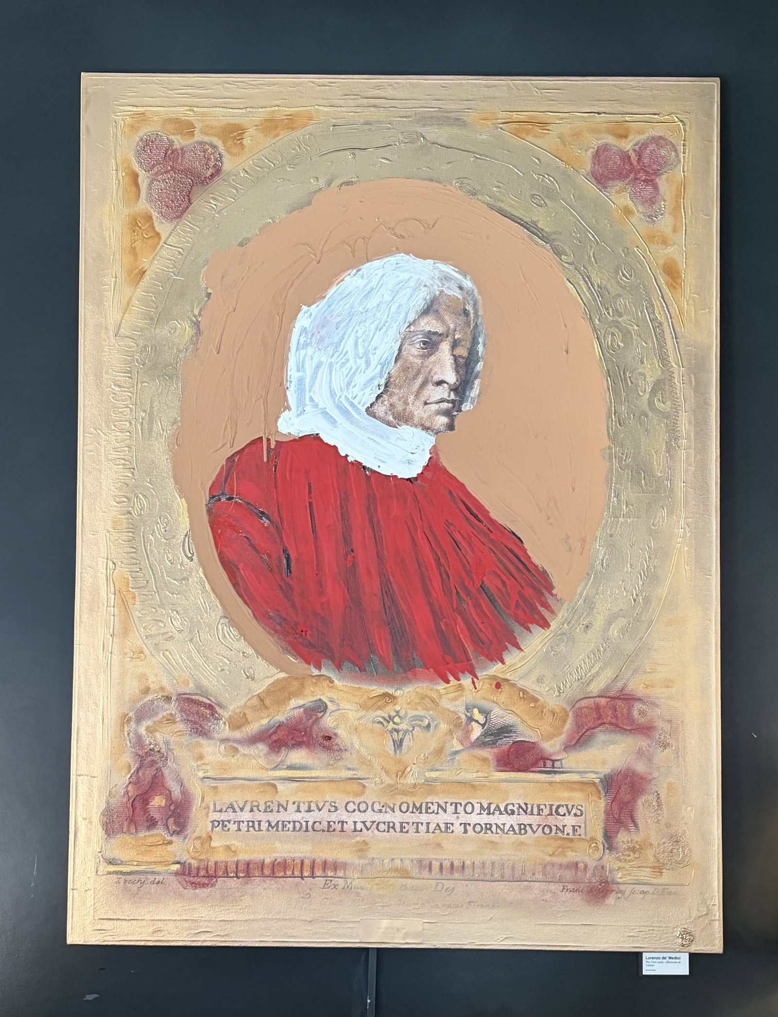 "The Wounded Magnificent" Portrait by Lorenzo de' Medici: "The Wounded Magnificent" Renaissance Pop Mixed Media Portrait by Lorenzo de' Medici - A compelling and emotionally charged contemporary mixed media portrait titled "The Wounded Magnificent," created 