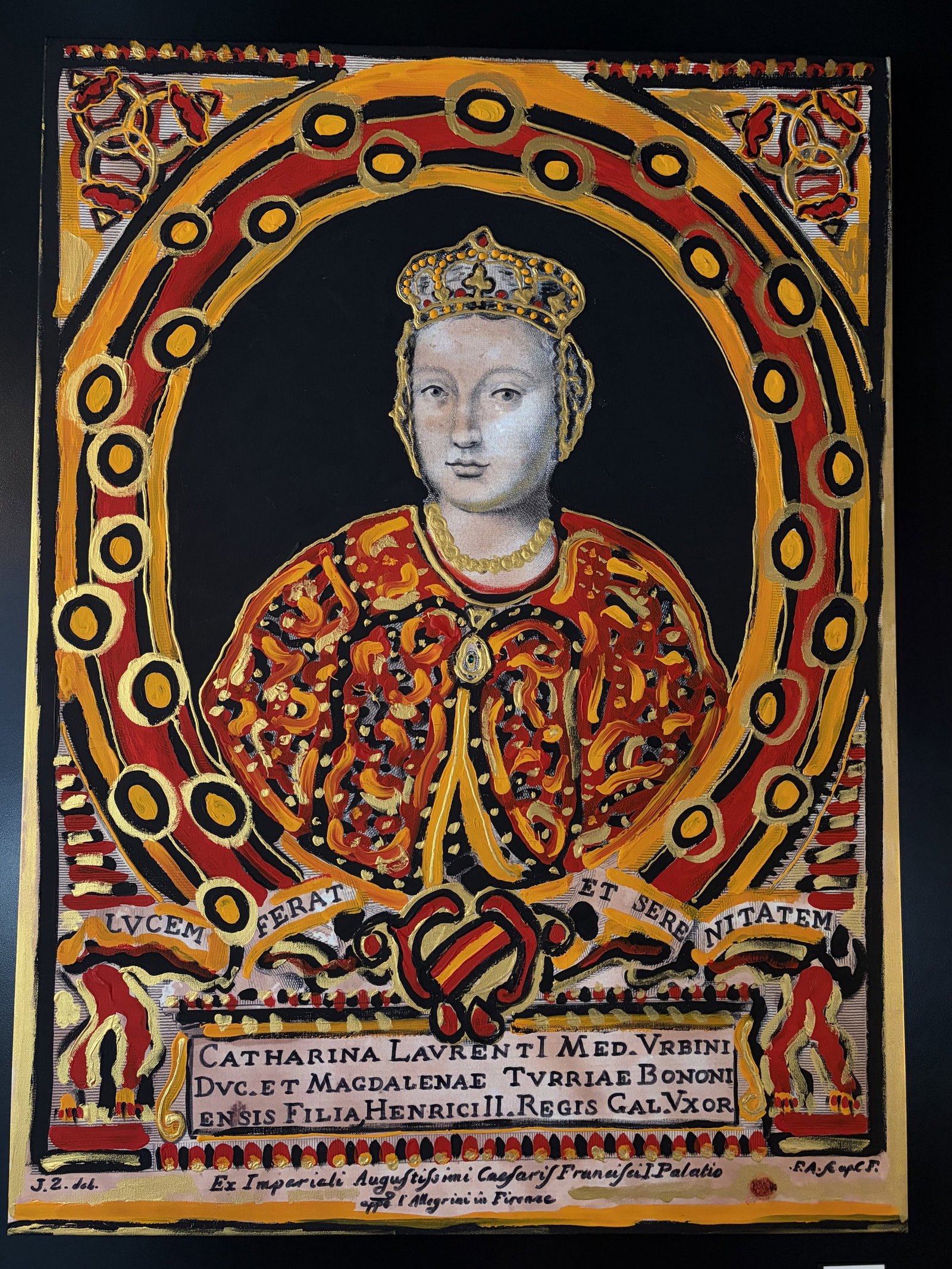 "The Serpent Queen" Portrait by Lorenzo de' Medici: "The Serpent Queen-Catherine de' Medici" Renaissance Pop Mixed Media Portrait by Lorenzo de' Medici - A striking and richly symbolic contemporary mixed media portrait titled "The Serpent Queen-Catheri