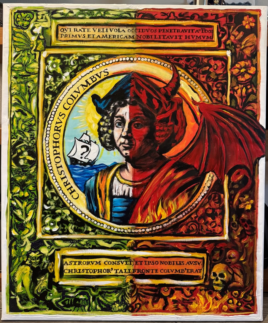 Christopher Columbus Portrait by Lorenzo de' Medici: Christopher Columbus "Renaissance Pop" Portrait by Lorenzo de' Medici, 2026 - A powerful and intellectually engaging work from the artist's Renaissance Pop series, this 2026 portrait explores the dual