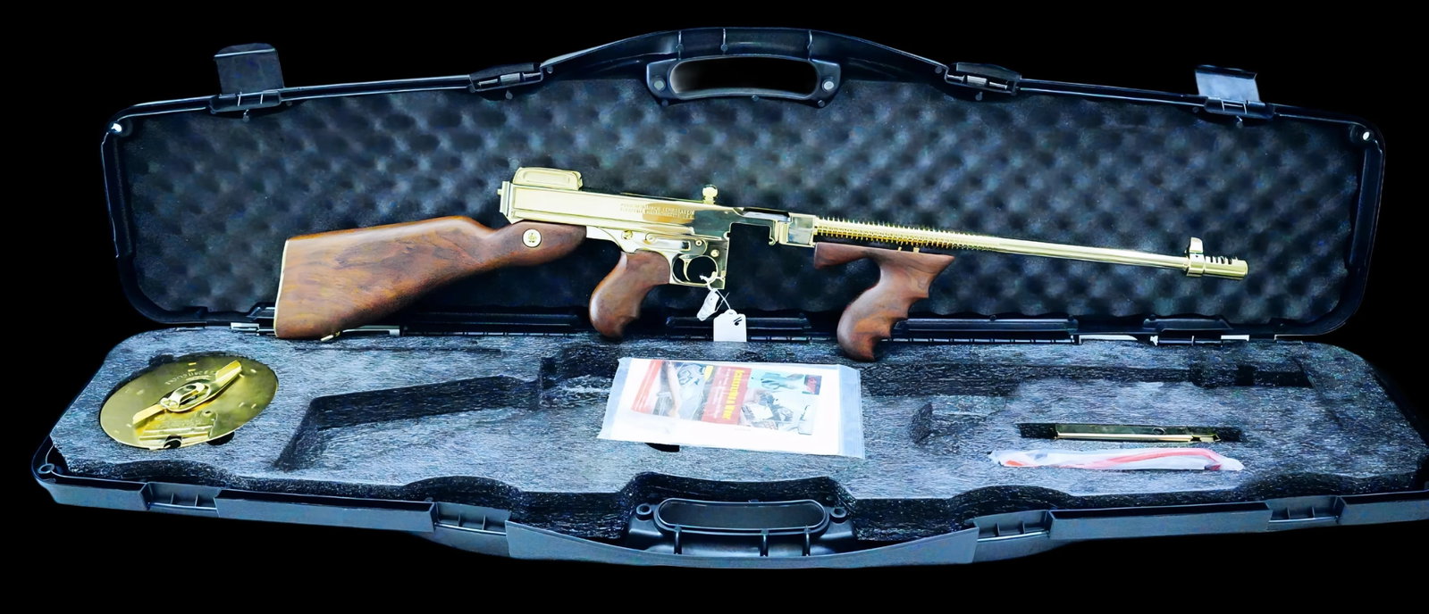 Auto-Ordnance Thompson Model 1927A1 "Tommy Gun" Gold: The Auto-Ordnance Thompson Model 1927A1 is a stunning, brand-new limited-edition gold-plated deluxe carbine that combines iconic history with eye-catching style. This Model 1927A1 is chambered in .45 