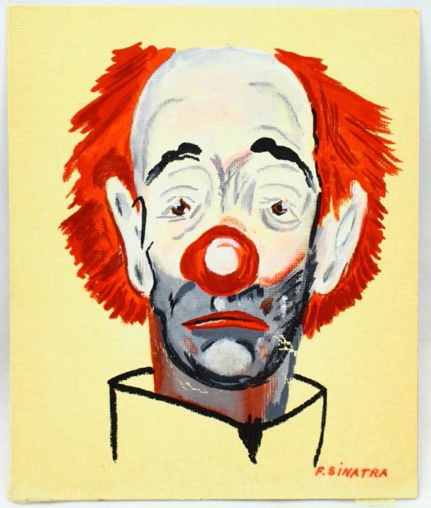 Frank Sinatra Original "Melancholy Clown-Self Portrait": Frank Sinatra Original "Melancholy Clown-Self Portrait" Oil on Canvas Painting and Attached Portfolio Cover W/Provenance - This amazing piece is an original oil on canvas painting by Frank Sinatra. Si