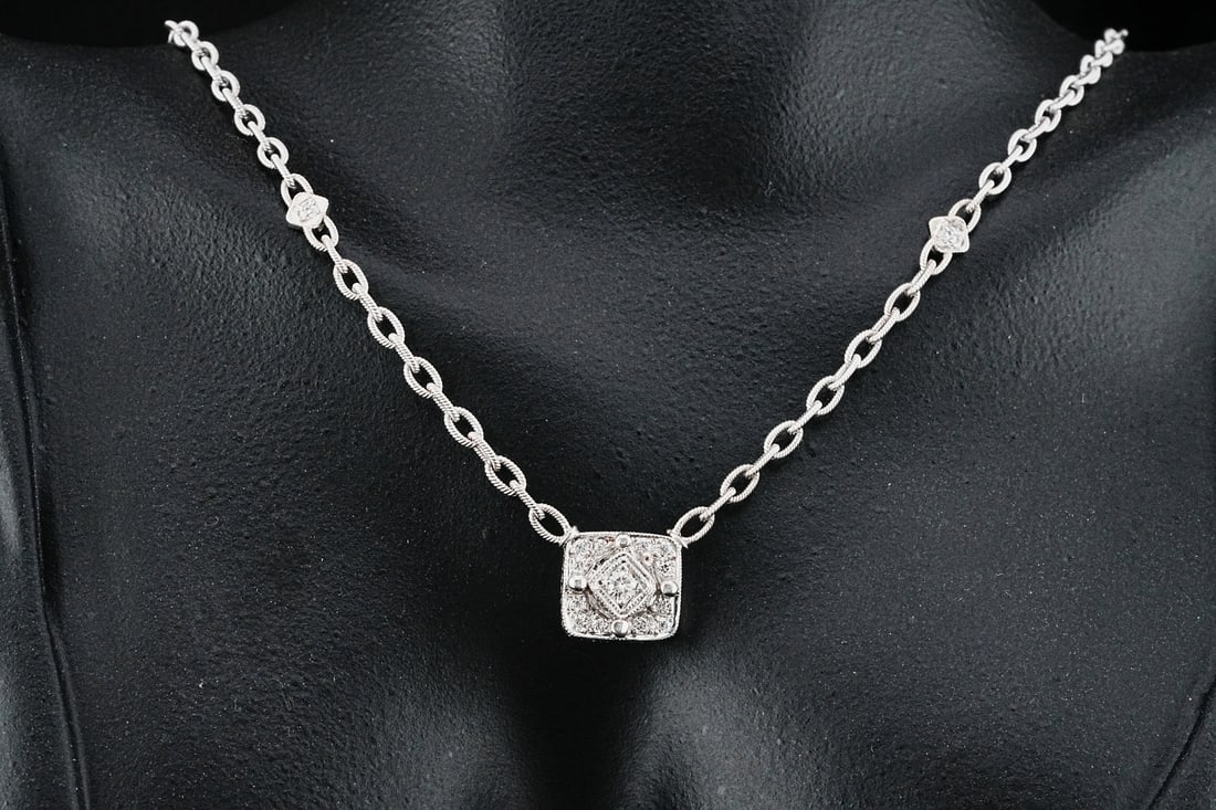 18K White Gold and 0.45ctw Diamond 16" Necklace: 18K White Gold and 0.45ctw Diamond 16" Necklace - Elegantly refined, this 18K white gold diamond necklace offers a timeless balance of modern sophistication and delicate brilliance. Centered along the