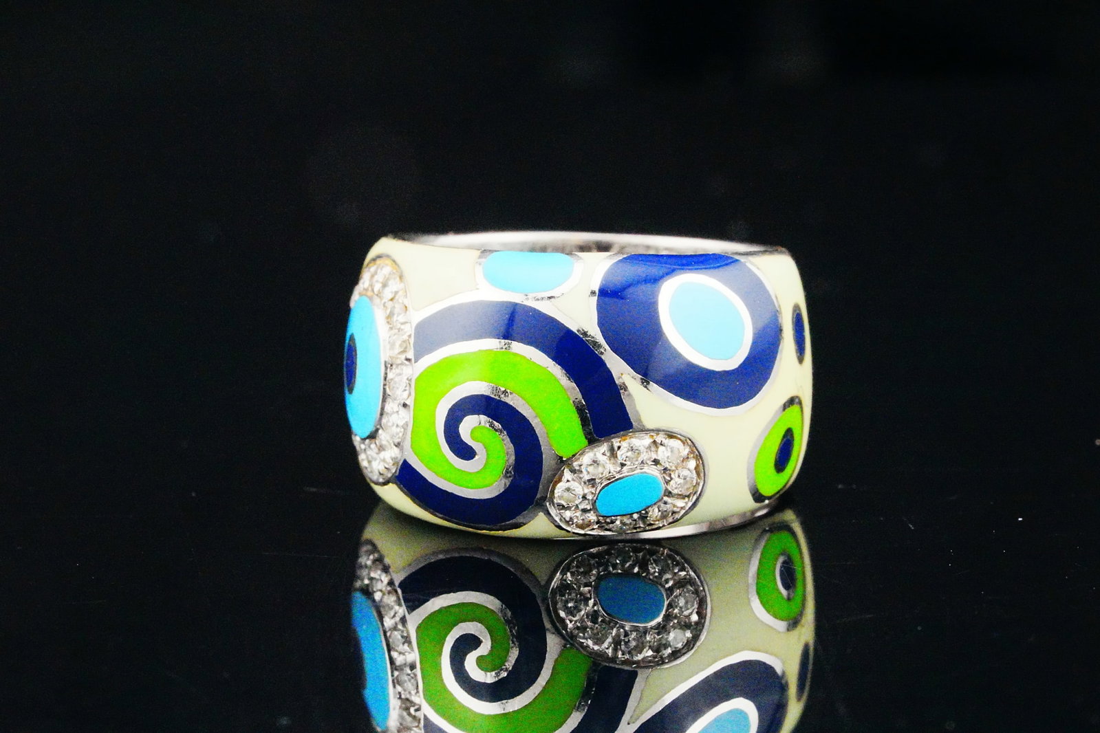 Roberto Coin 18K, 0.34ctw Diamond and Enamel Band: Roberto Coin 18K White Gold, 0.34ctw Diamond and Enamel Band - A vibrant designer band by Roberto Coin, crafted in luxurious 18K white gold and decorated with colorful enamel in an eye-catching abstra