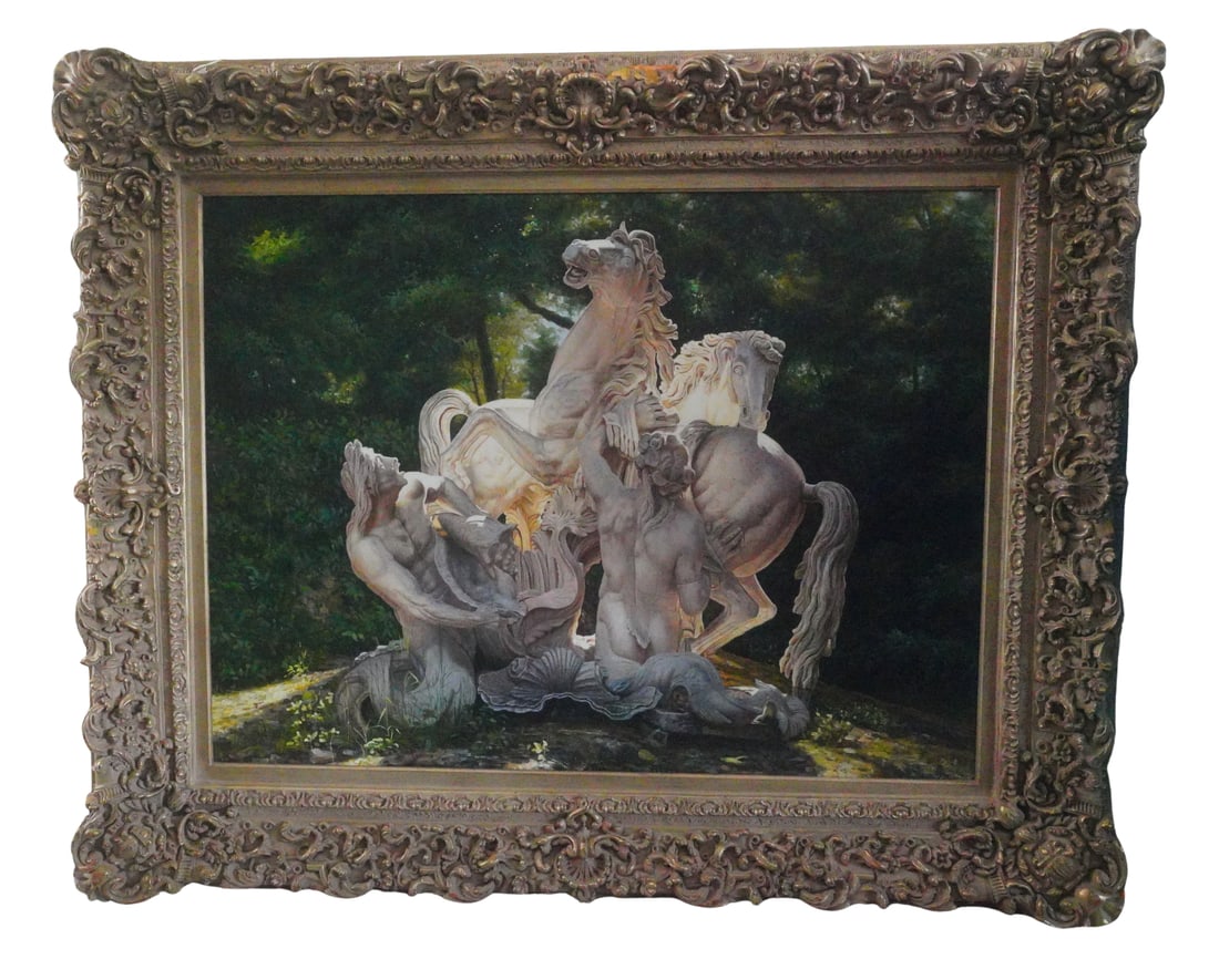 Monumental Painting of Mythological Horses and Figures: Monumental Painting of Mythological Horses and Figures, After Classical Sculpture - A dramatic and finely executed painting depicting a group of rearing horses and muscular tritons in a lush forested 