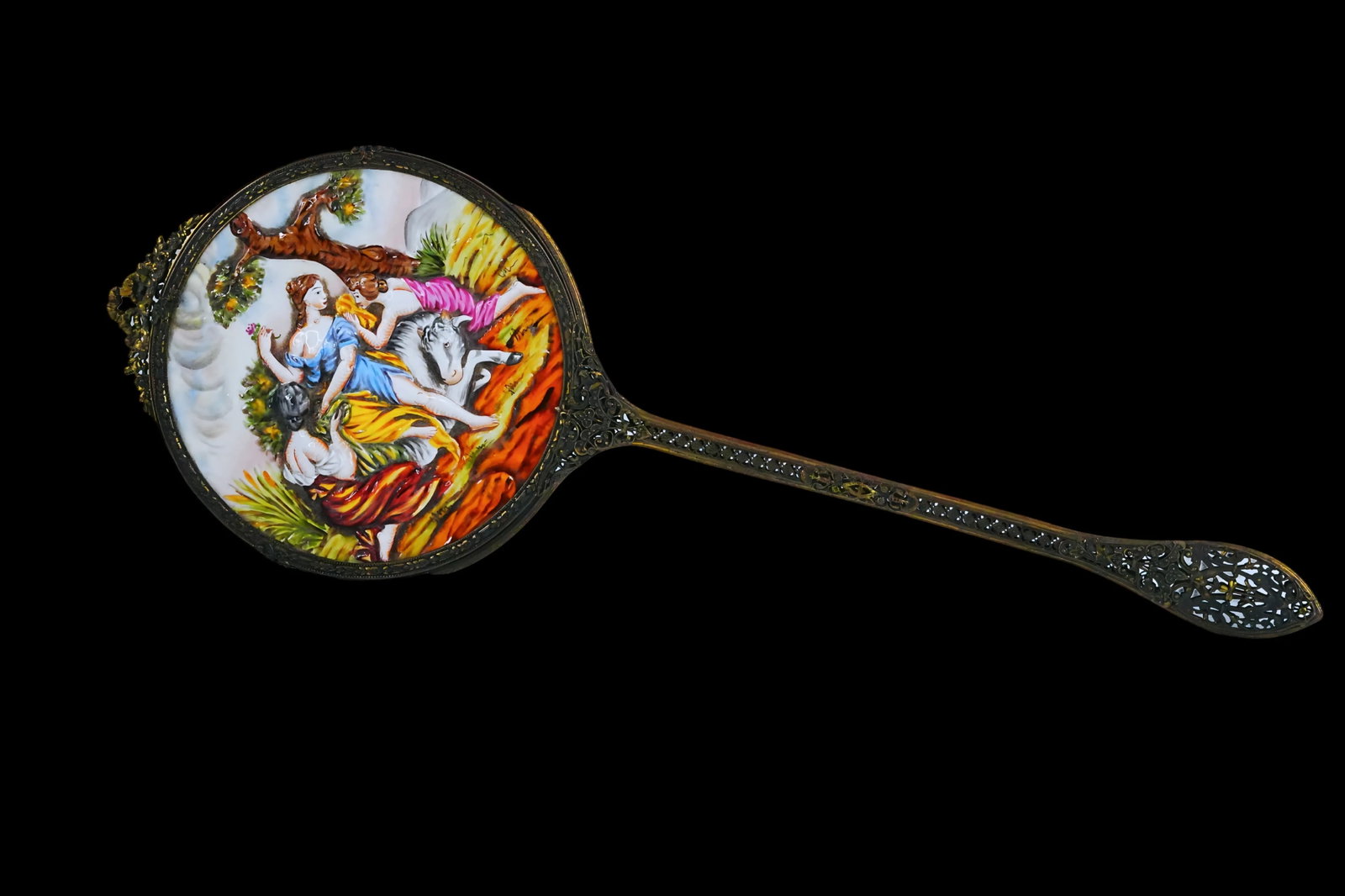 Capodimonte Antique Porcelain and Brass Hand Mirror: Capodimonte Antique Porcelain and Brass Hand Mirror, Bacchanalia Scene - An elegant Italian hand mirror crafted in the Venetian tradition, featuring a richly detailed brass frame with an ornate filigr