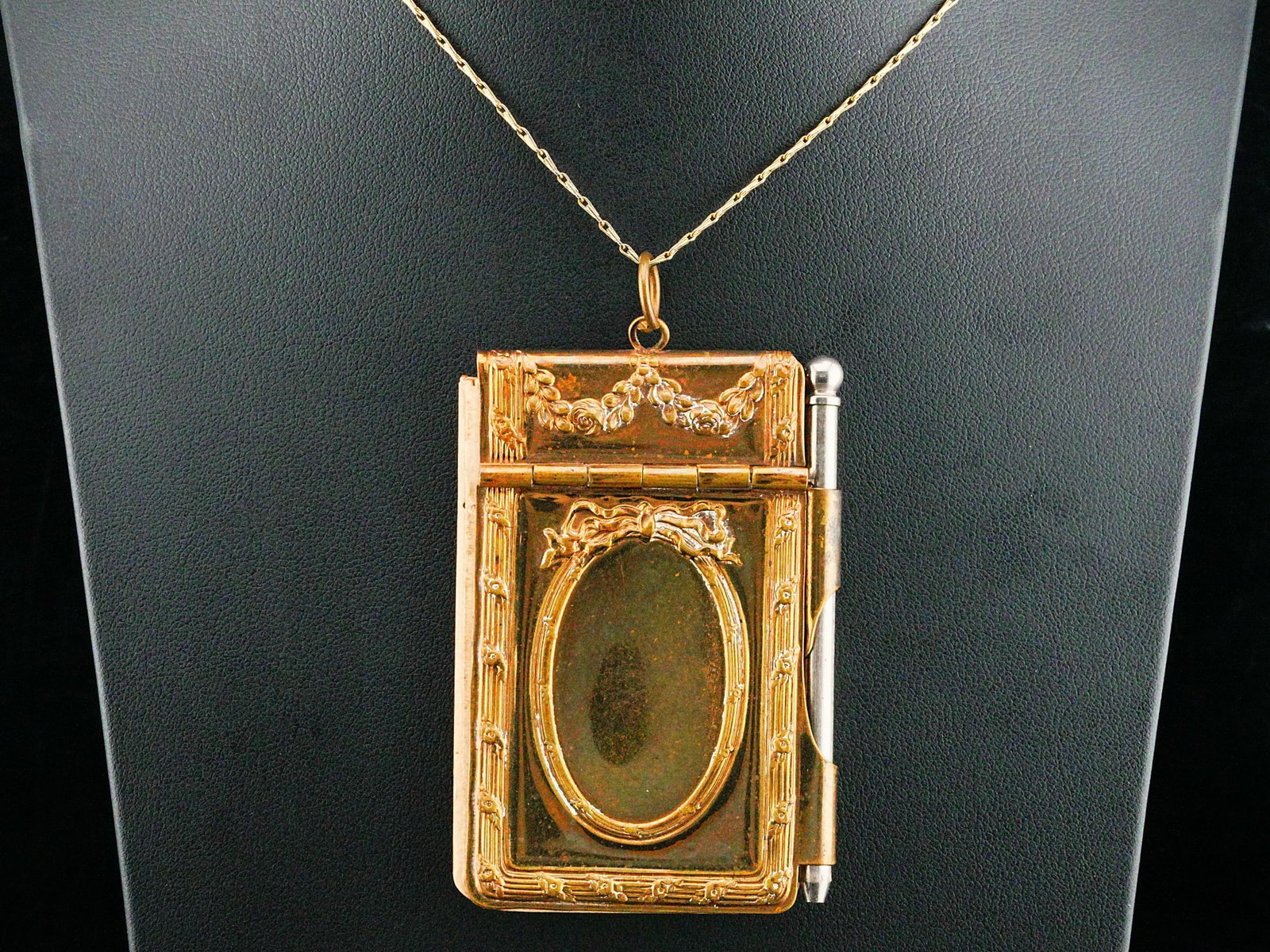 Antique Gilt Metal Dance Card Notebook W/Pencil: Antique Gilt Metal Chatelaine Dance Card Notebook with Mechanical Pencil on 38" Antique Gold Metal Chain - A finely cast gilt metal case featuring neoclassical garland and foliate motifs with an oval 