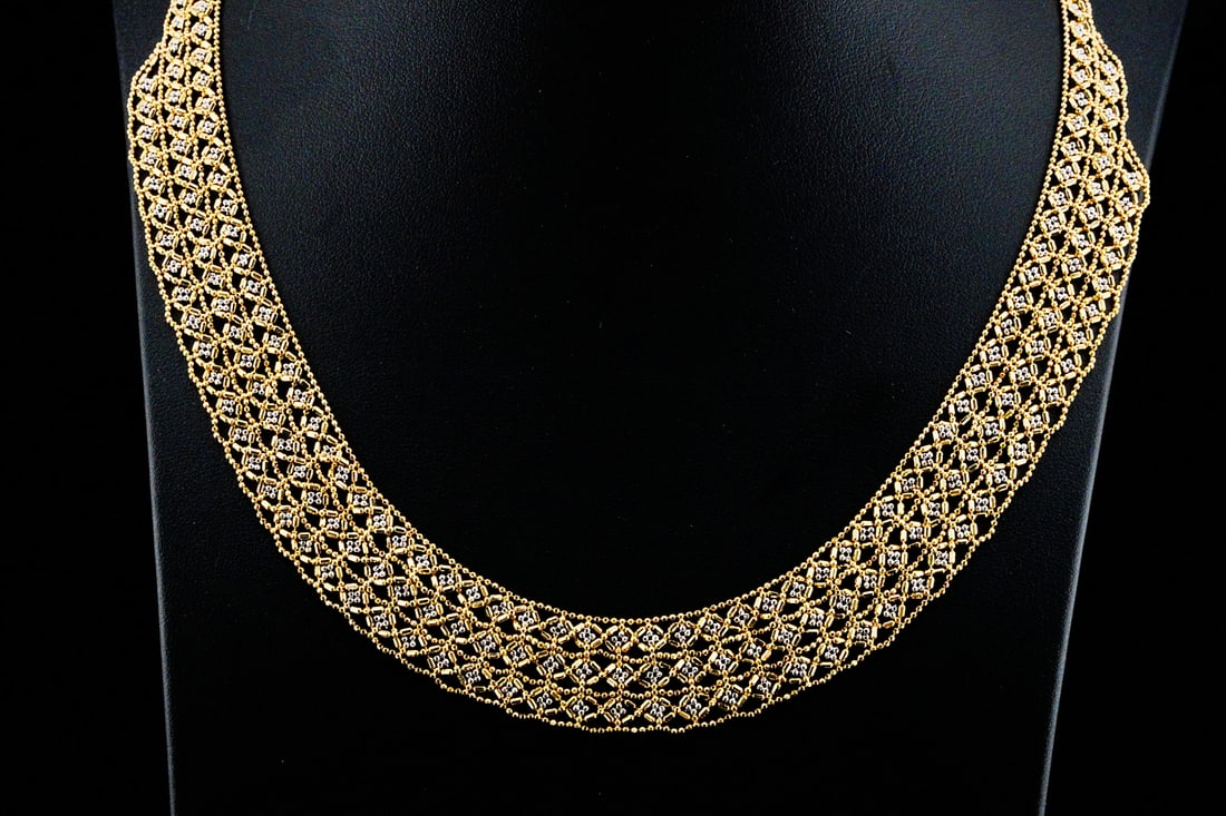 14K Yellow and White Gold 18" Lace Necklace: 14K Yellow and White Gold 18" Lace Necklace - This elegant 14K Yellow and White Gold necklace showcases exceptional craftsmanship through its intricate openwork design, creating a lace-like silhouette