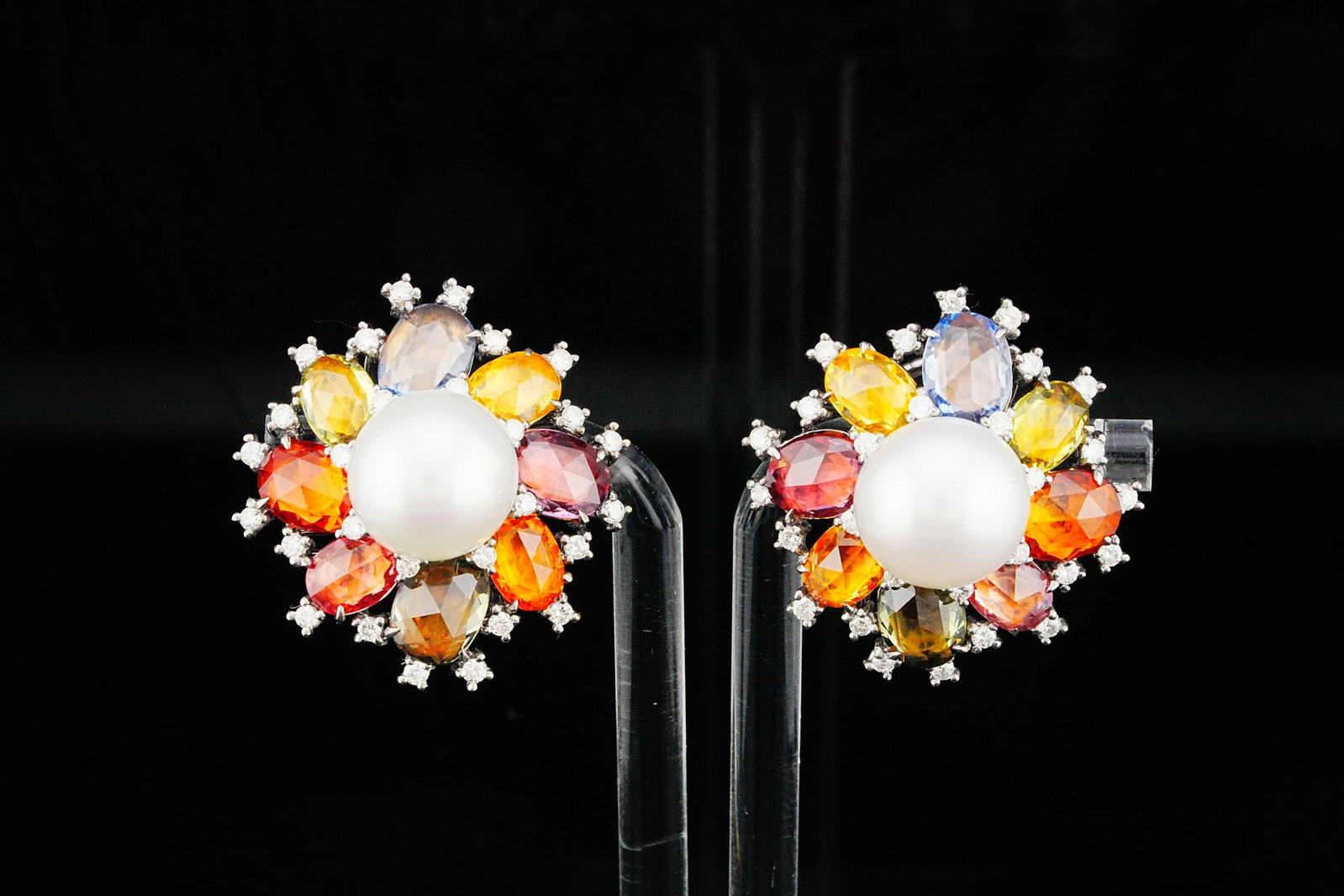 12.50ctw Sapphire, Pearl, 1.10ctw Diamond 18K Earrings: 12.50ctw Multi-Color Sapphire, 11.5mm South Sea Pearl, 1.10ctw Diamond and 18K White Gold 1" Earrings - These exquisite earrings are a symphony of vibrant gemstones, lustrous pearls, dazzling diamonds