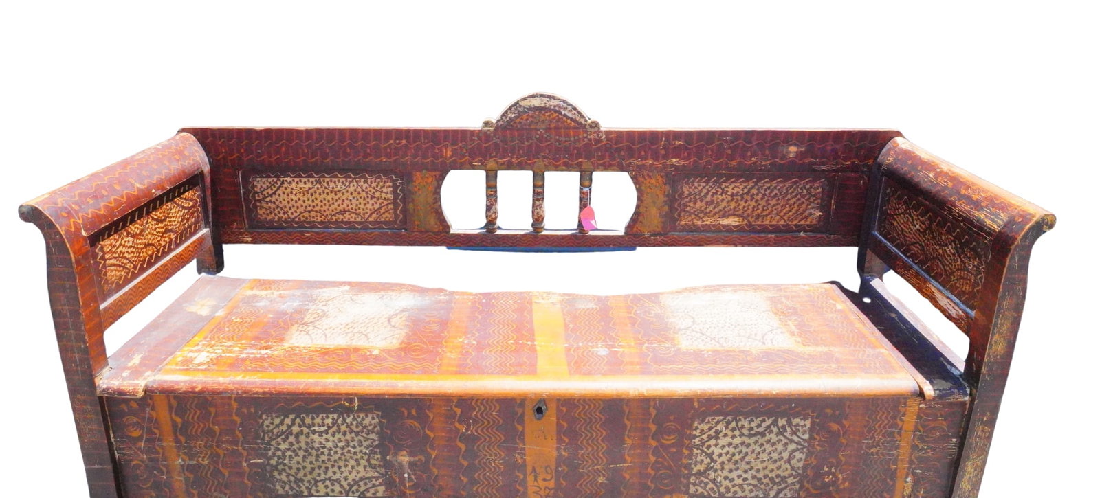 Antique Folk Art Painted Storage Bench: Antique Folk Art Painted Storage Bench, 19th/Early 20th Century - A charming and functional antique wooden storage bench, decorated throughout with hand-painted folk art designs in warm earthy tones. 