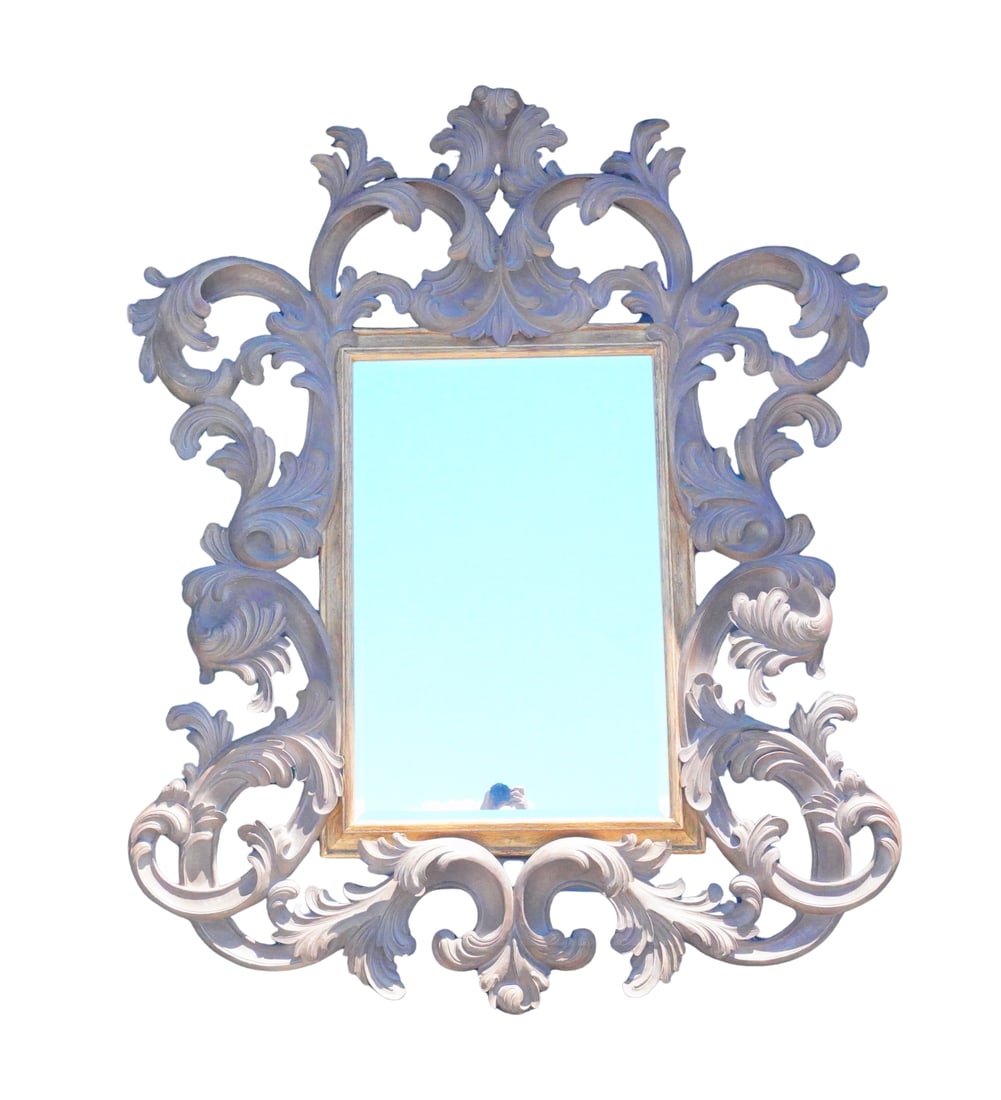 Oversized Vintage Carved Rococo-Style Wall Mirror: Oversized Vintage Carved Rococo-Style Wall Mirror - A dramatic and highly decorative oversized mirror framed in the Rococo taste. The elaborate frame is adorned with scrolling acanthus leaves, present