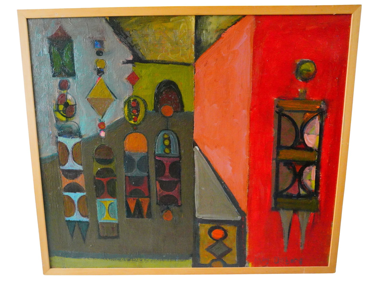 Artist Signed Abstract Composition Oil on Board Painting: Artist Signed Abstract Composition Oil on Board Painting - A striking modernist oil on board signed Marj Ullberg, presenting an abstract composition with geometric and totemic figures. On the left, a 