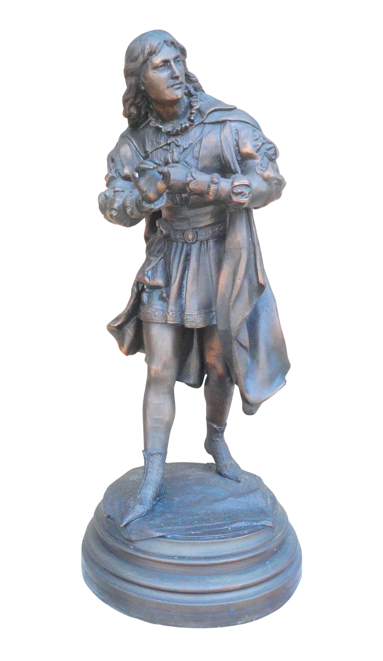 21" Bronze Figural Renaissance Gentleman Sculpture: 21" Bronze Figural Renaissance Gentleman Sculpture - Impressive cast bronze-style sculpture depicting a Renaissance-era gentleman in elaborate period attire, standing in a dynamic pose with detailed c