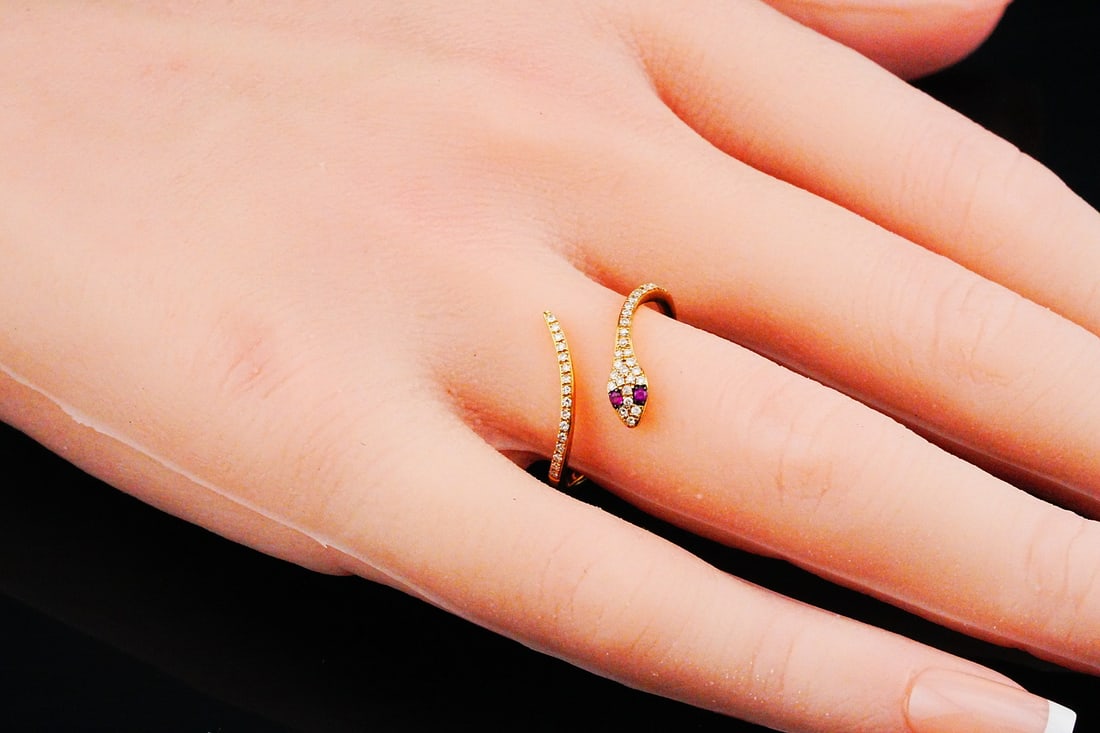 14K Yellow Gold, Diamond and Ruby Snake Ring - 2