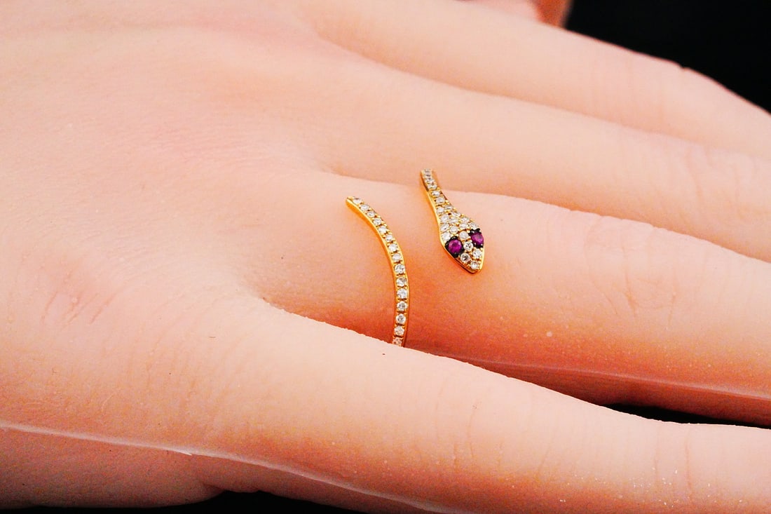 14K Yellow Gold, Diamond and Ruby Snake Ring - 3
