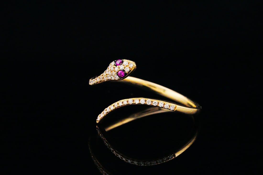 14K Yellow Gold, Diamond and Ruby Snake Ring - 4