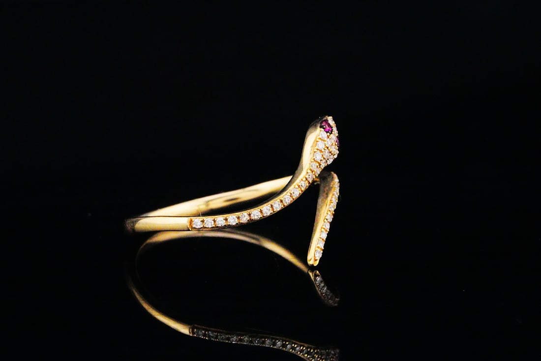 14K Yellow Gold, Diamond and Ruby Snake Ring - 5