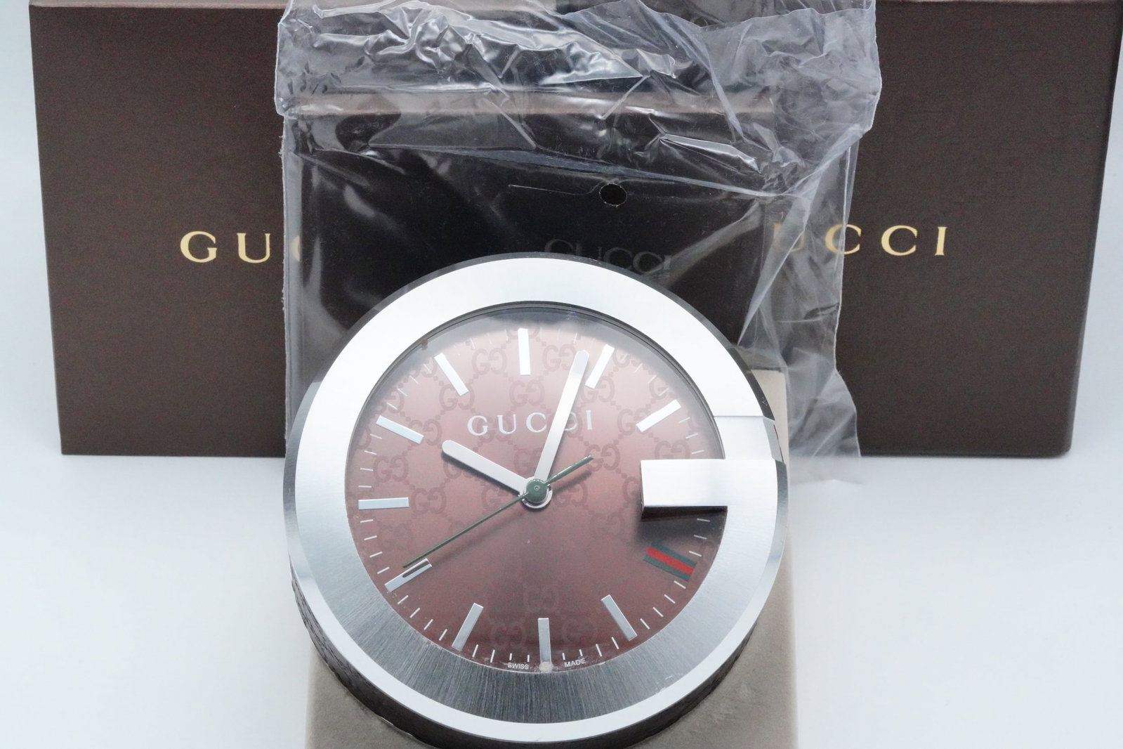 Gucci Brown GG Pattern Dial Table Clock W/Box (1 of 5)