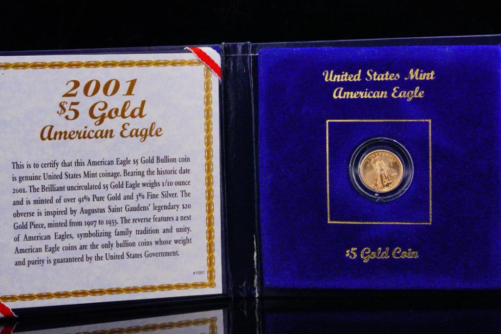 2001 American Gold Eagle 1/10 Oz $5 Gold Coin: 2001 American Gold Eagle 1/10 Oz $5 Gold Coin - This 2001 uncirculated American Eagle $5 coin was struck from 1/10 ounce of .9999 fine gold. Since its introduction, this classic and beloved design has