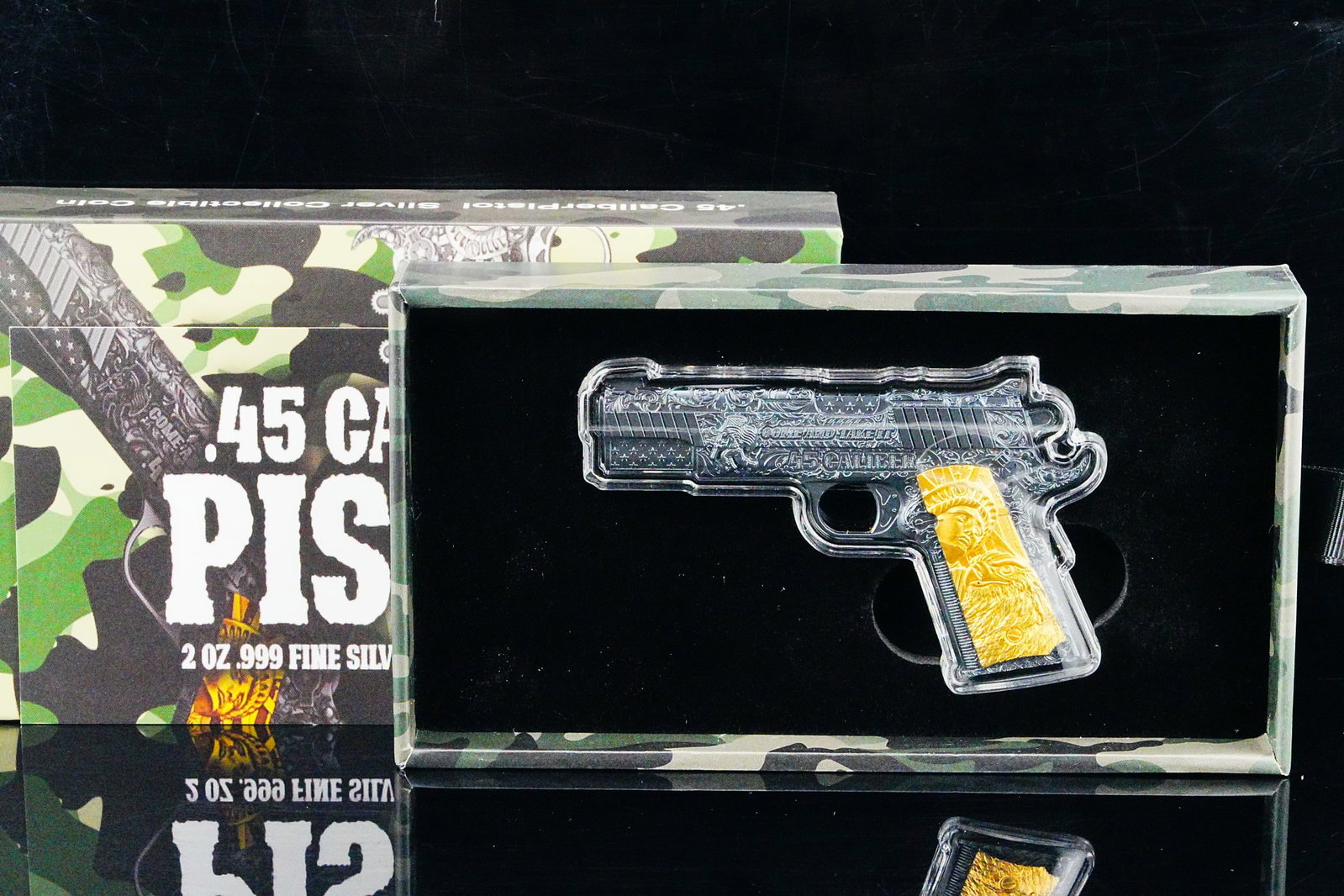 2024 Chad 2 Oz .999 Silver .45 Pistol Coin #635/1000: 2024 Republic of Chad 2 Troy Ounce .999 Fine Silver .45 Caliber Pistol Coin in Black/Gold Gilding Limited Edition #635/1000 (Includes Original Box and COA) - An extraordinary modern numismatic collect