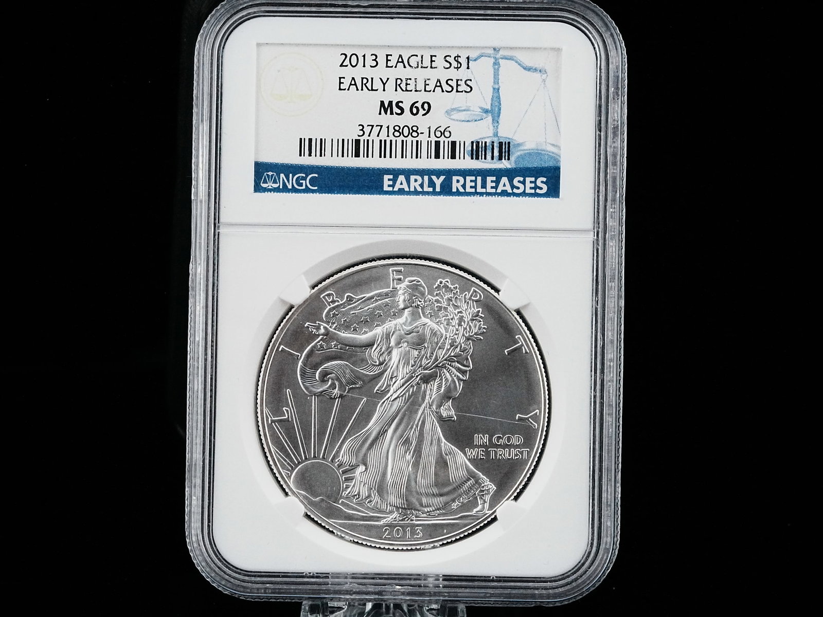 2013-P American Silver Eagle MS69 in NGC Early Release Slab: 2013-P American Silver Eagle MS69 in NGC Early Release Slab - This 2013-P American Silver Eagle is certified MS69 by NGC and presented in an Early Release slab. Struck in one troy ounce of .999 fine s