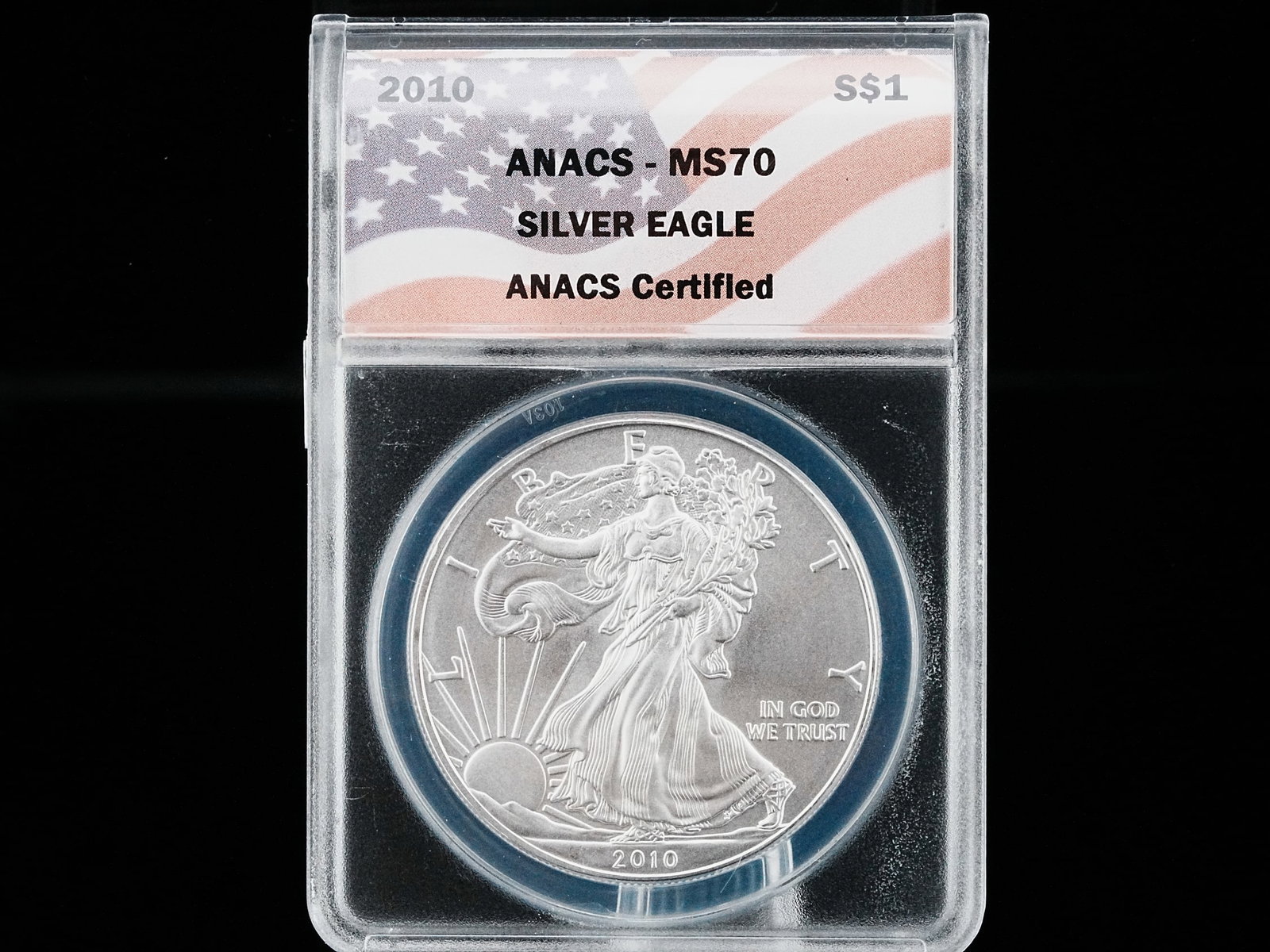 2010-P American Silver Eagle MS70 in ANACS Slab: 2010-P American Silver Eagle MS70 in ANACS Slab - The 2010 American Silver Eagle had a bullion mintage of 34,764,500 coins. This coin bears the highest grade and is 1 ounce of .999 fine silver. AUCTIO