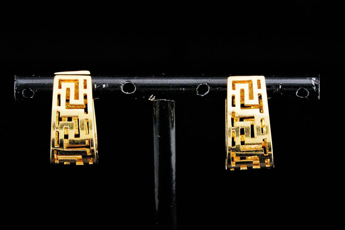 14K Yellow Gold Openwork Greek Key Motif Earrings: 14K Yellow Gold Openwork Greek Key Motif 0.75" Hoop Earrings - These timeless hoop earrings feature an intricate openwork Greek key motif, symbolizing unity and eternity in a beautifully refined desig