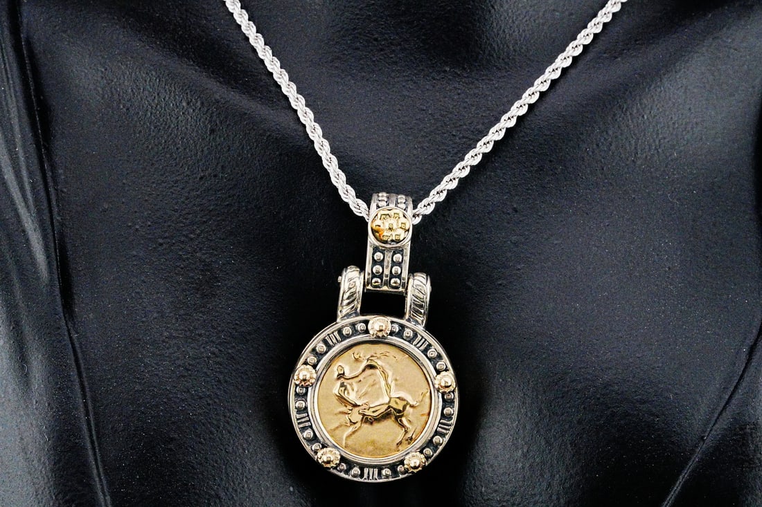 Tagliamonte 14K/Sterling Pendant W/28" Sterling Chain: Tagliamonte Italy 14K Gold and Sterling Silver Pendant on 28" Sterling Silver Rope Chain - This distinctive Tagliamonte Italy pendant showcases the brand's signature blend of classical inspiration