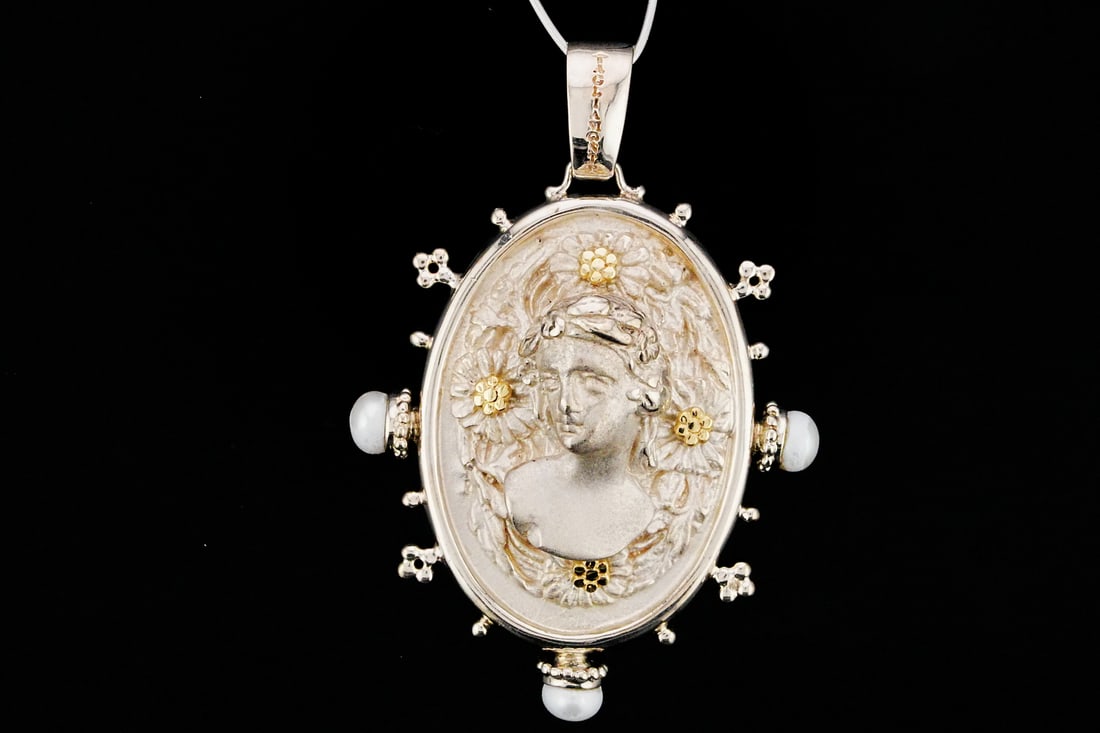 Tagliamonte Sterling Silver and 14K 2.5" Pendant: Tagliamonte Italy Solid Sterling Silver and 14K Yellow Gold 2.5" Sculptural Goddess Pendant W/5.5mm Pearls - This beautiful pendant was made by Tagliamonte Italy, and is made of solid sterling